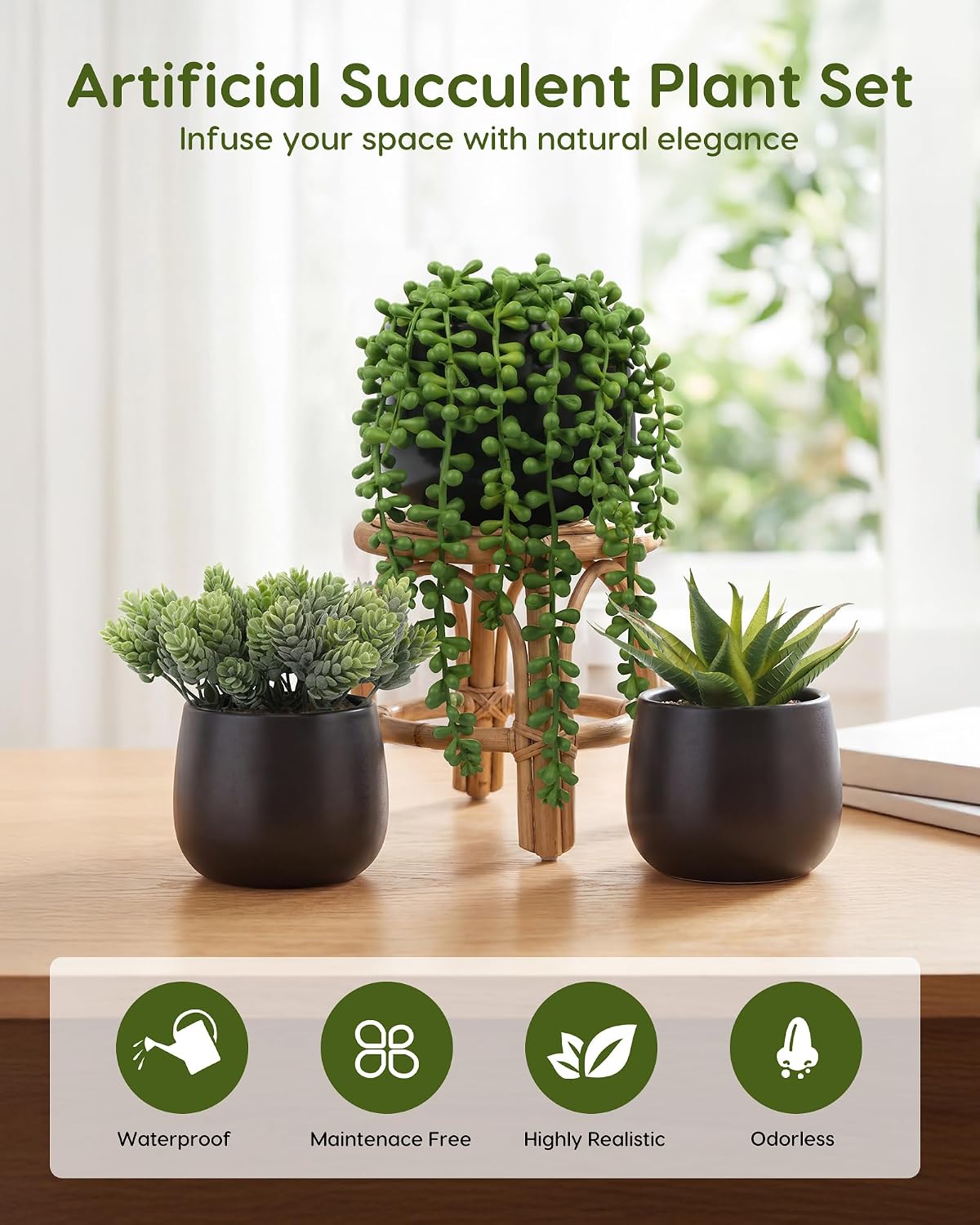 Artificial Succulents Plants in Pots / Black / Set of 3