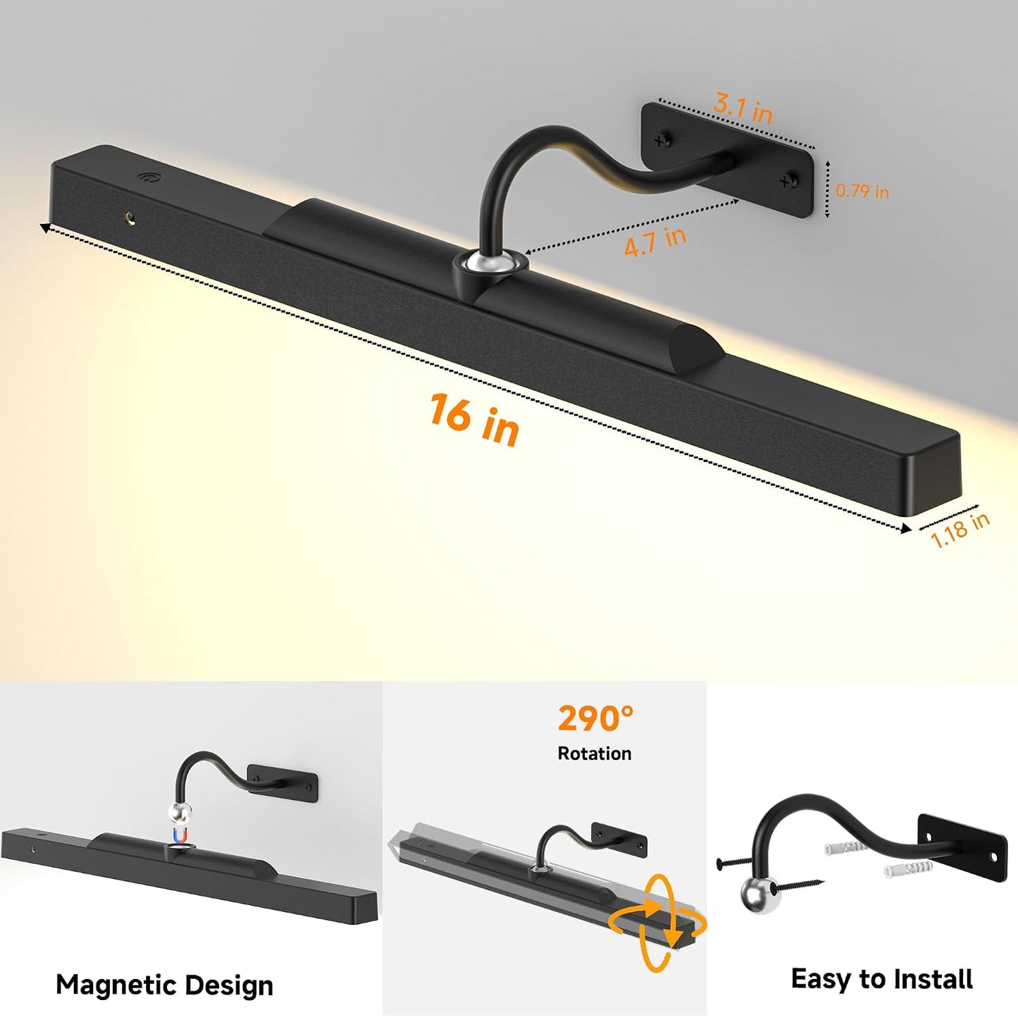 Wireless Dimmable Picture Light Black,5000mAh Rechargeable Battery Operated Art Light for Wall Paintings,16in Remote, 3