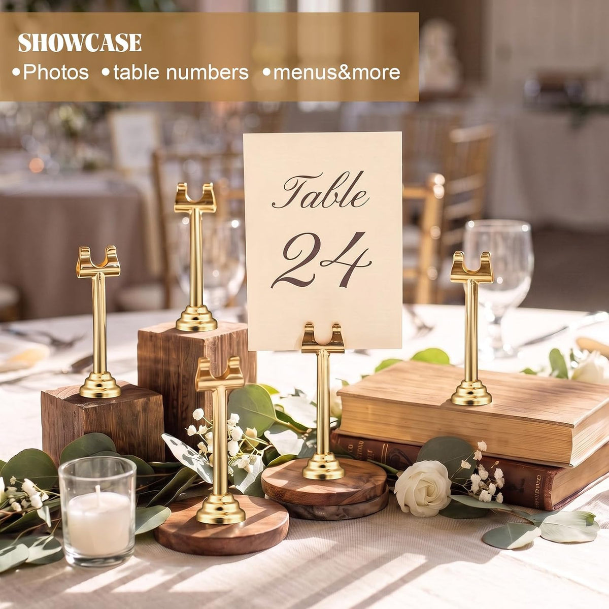 24 Pcs Gold Metal Table Number Holders 3.15 Inch Wedding Place Card Holders Bulk Harp Clip Table Sign Stands Card