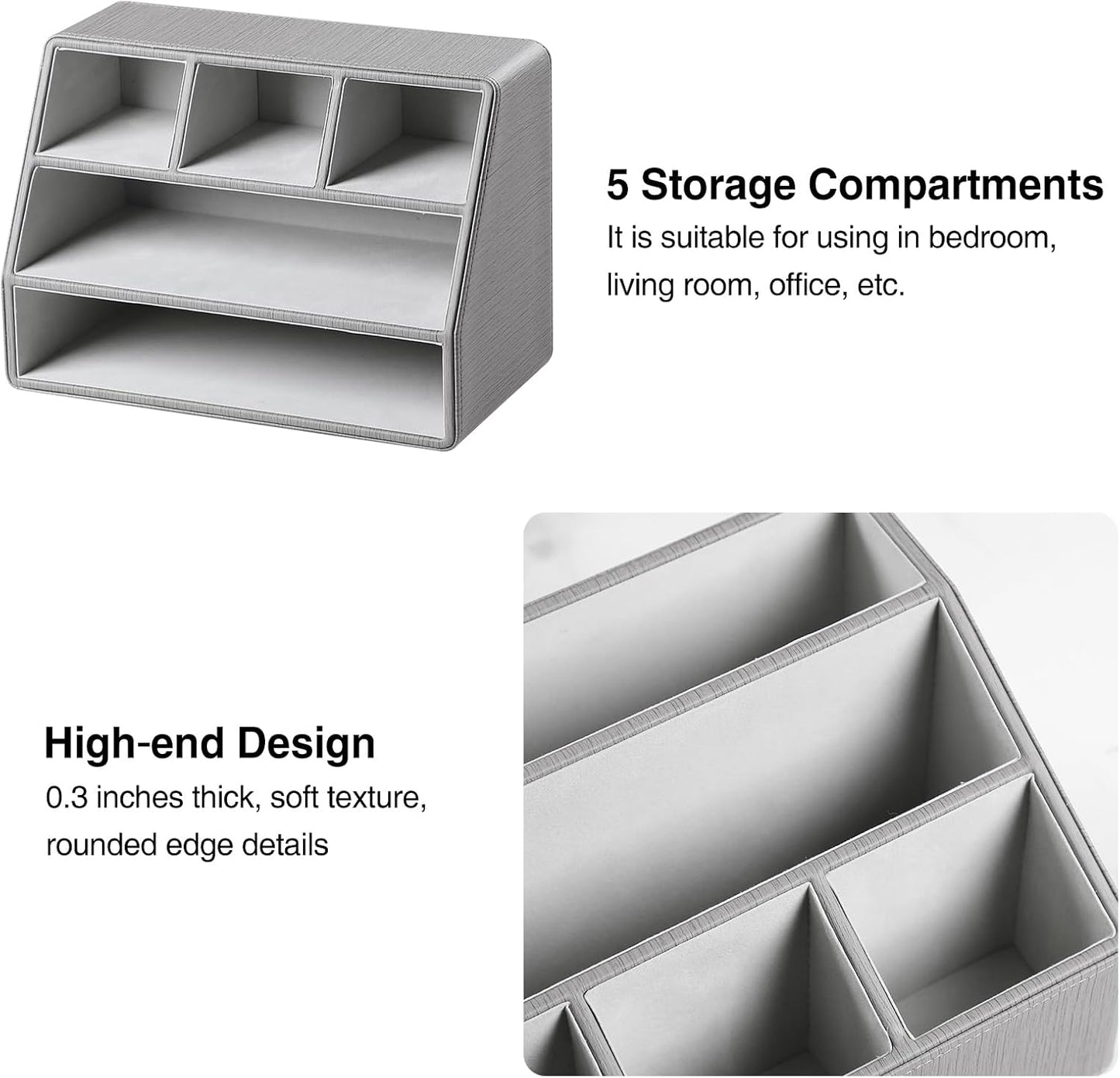 PU Leather Desk Organizer, Remote Control Holder, Grey | Luxury Nightstand Organizer for Home, Office Desk Accessories
