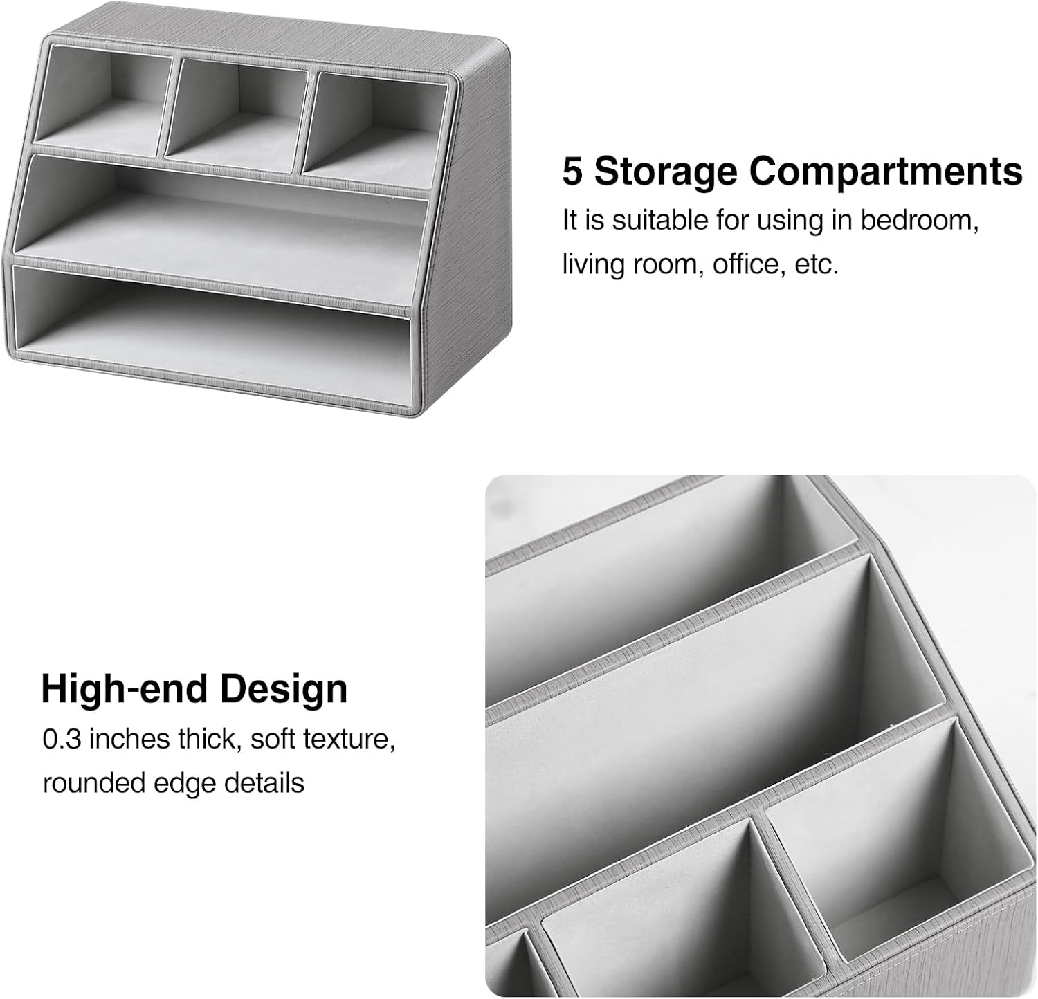 PU Leather Desk Organizer, Remote Control Holder, Grey | Luxury Nightstand Organizer for Home, Office Desk Accessories