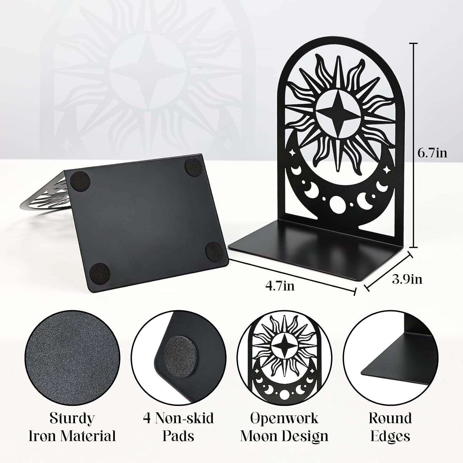 Metal Bookends / Bookend / Moon Phase / Black / Set of 2