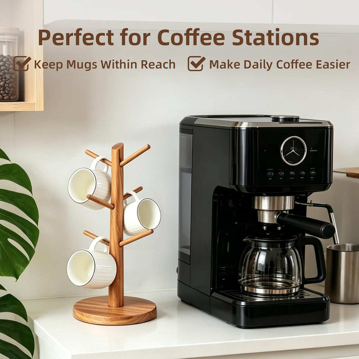 Large Acacia Wood Mug Holder Tree for Countertop | 6-Hook Coffee Mug Rack for Large & Tall Mugs, Wooden Coffee Cup