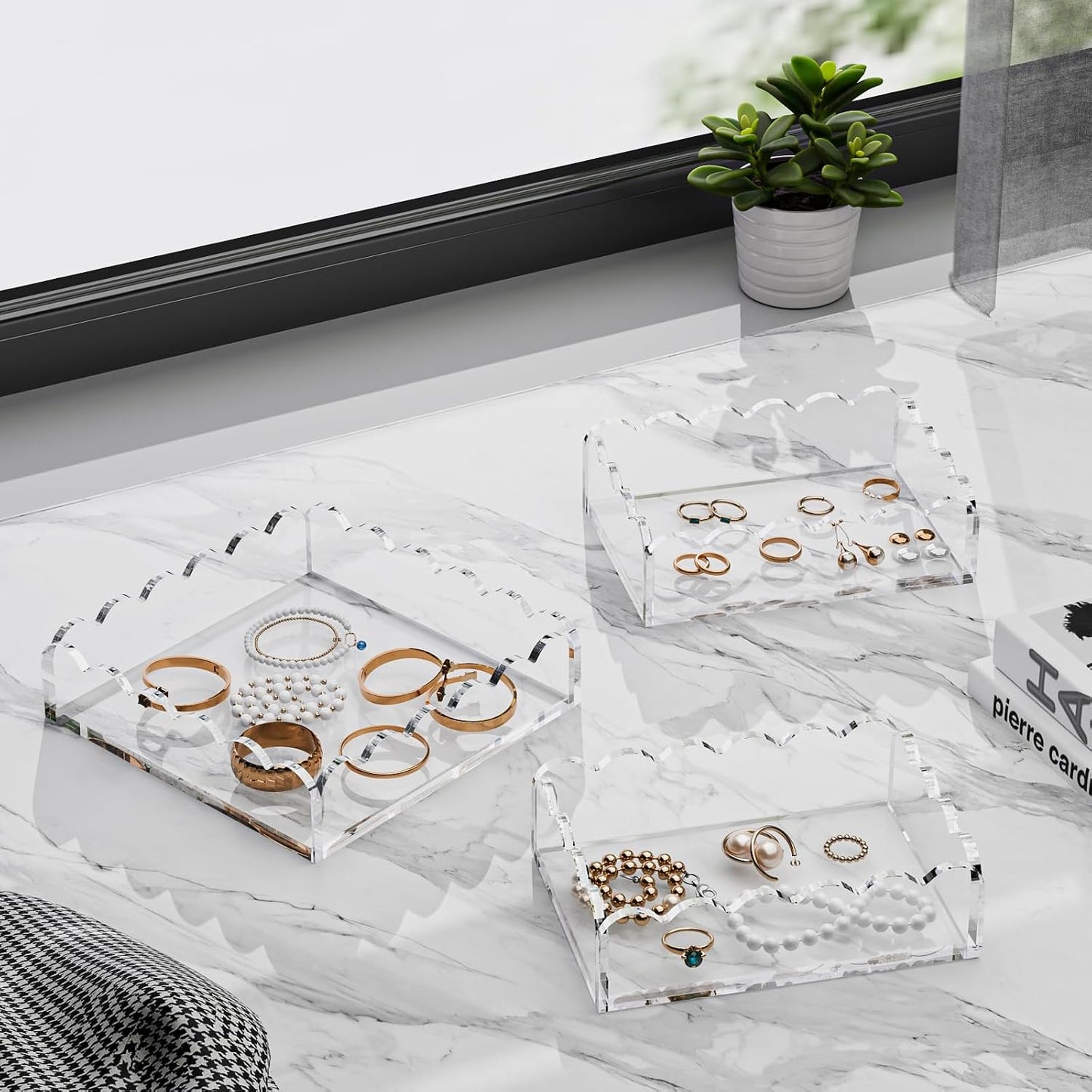 Scalloped Acrylic Tray / Scalloped Clear Square+rectangle Set / Set of 2