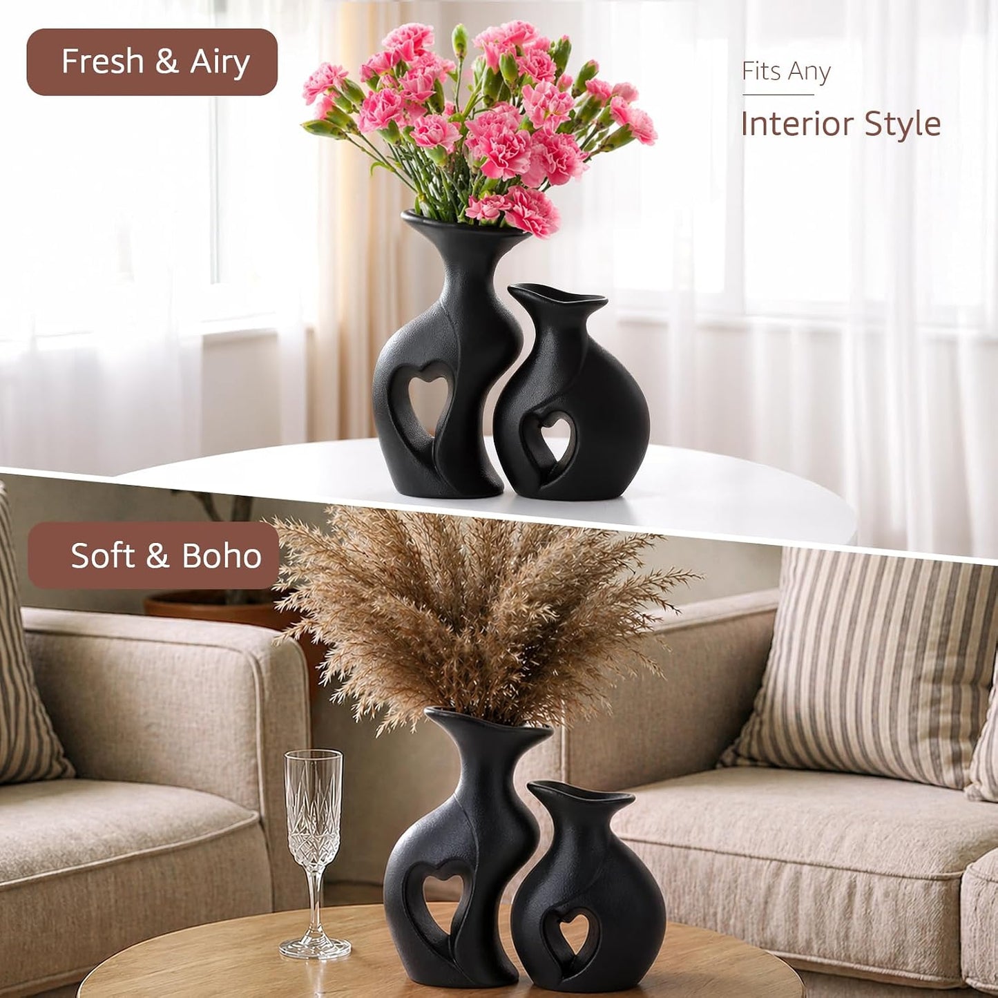 Ceramic Vases / Hollowed Heart Flower Vase for Modern Nordic Boho Home Decor / Black / Set of 2