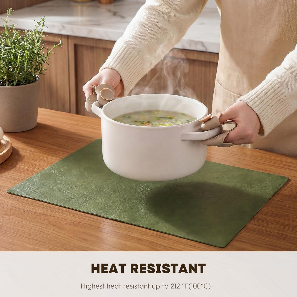 Artoid Mode Olive Green Faux Leather Placemats Set of 8, 12x18 Inch Waterproof Wipeable Heat Resistant Vinyl Place