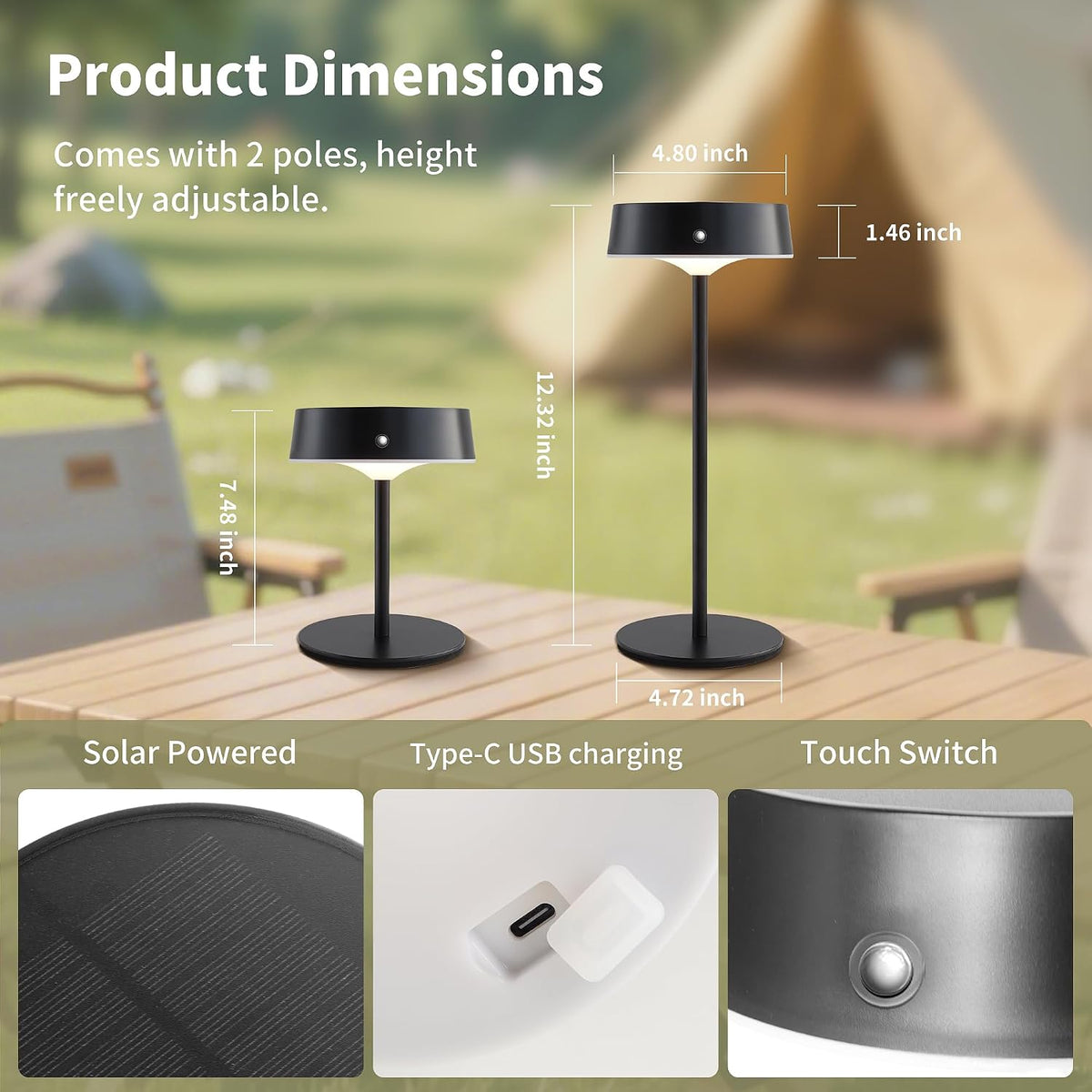 Mr.White Solar Waterproof Outdoor Rechargeable Cordless Table Lamps, Set of 2 Touch Dimmable Operated Battery Table