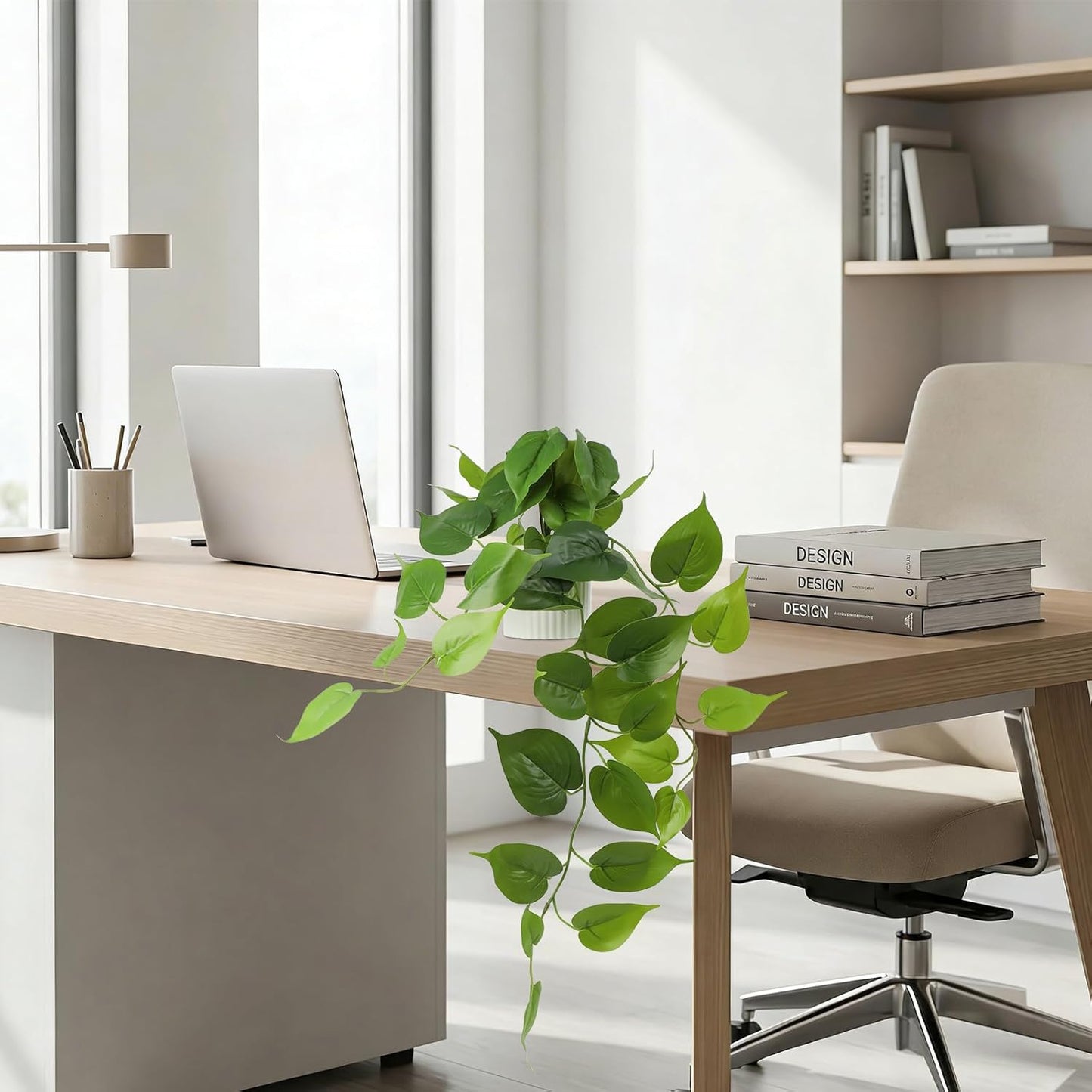 Fake Pothos Hanging Plant / Green with White Pot