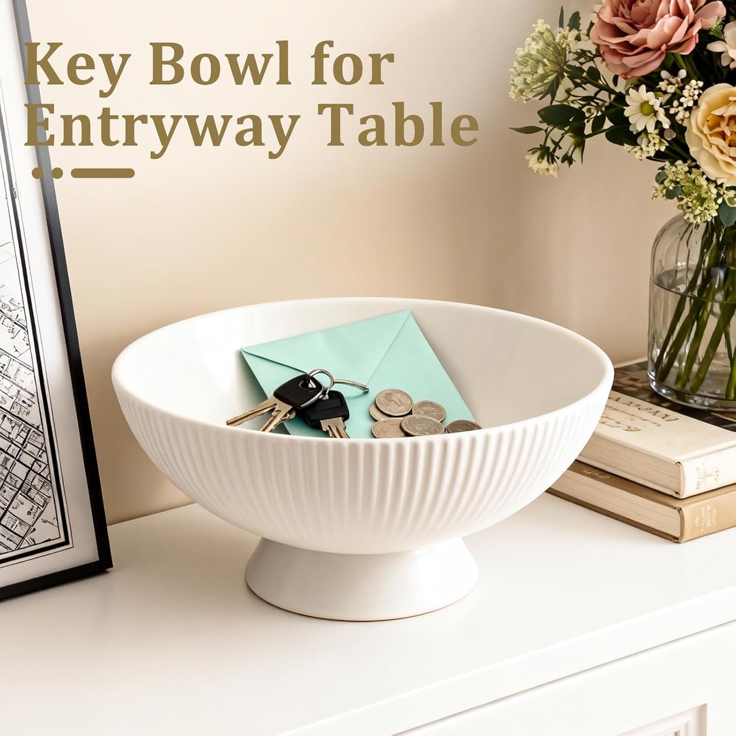 Small Decorative Bowl Multi-Use White Ceramic Fruit & Key Bowl / 8 Inch / Cream White
