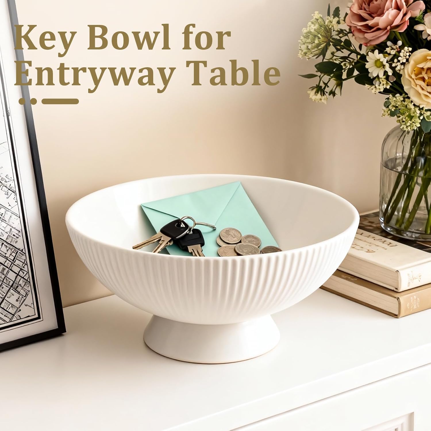Small Decorative Bowl Multi-Use White Ceramic Fruit & Key Bowl / 8 Inch / Cream White