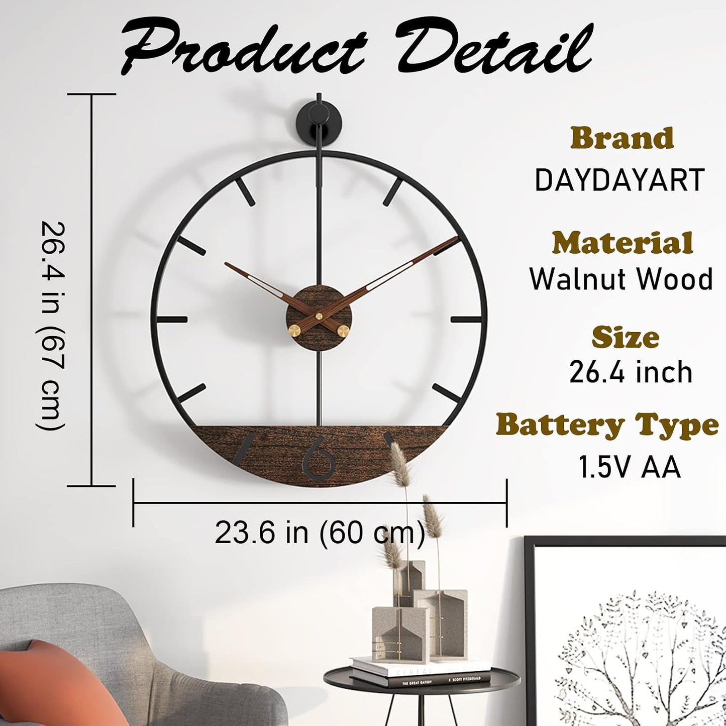 Modern Wood Walnut Dial Wall Clock, Large Simple Wall Decor Metal Frame Silent Non Ticking Clock for Living Room Decor