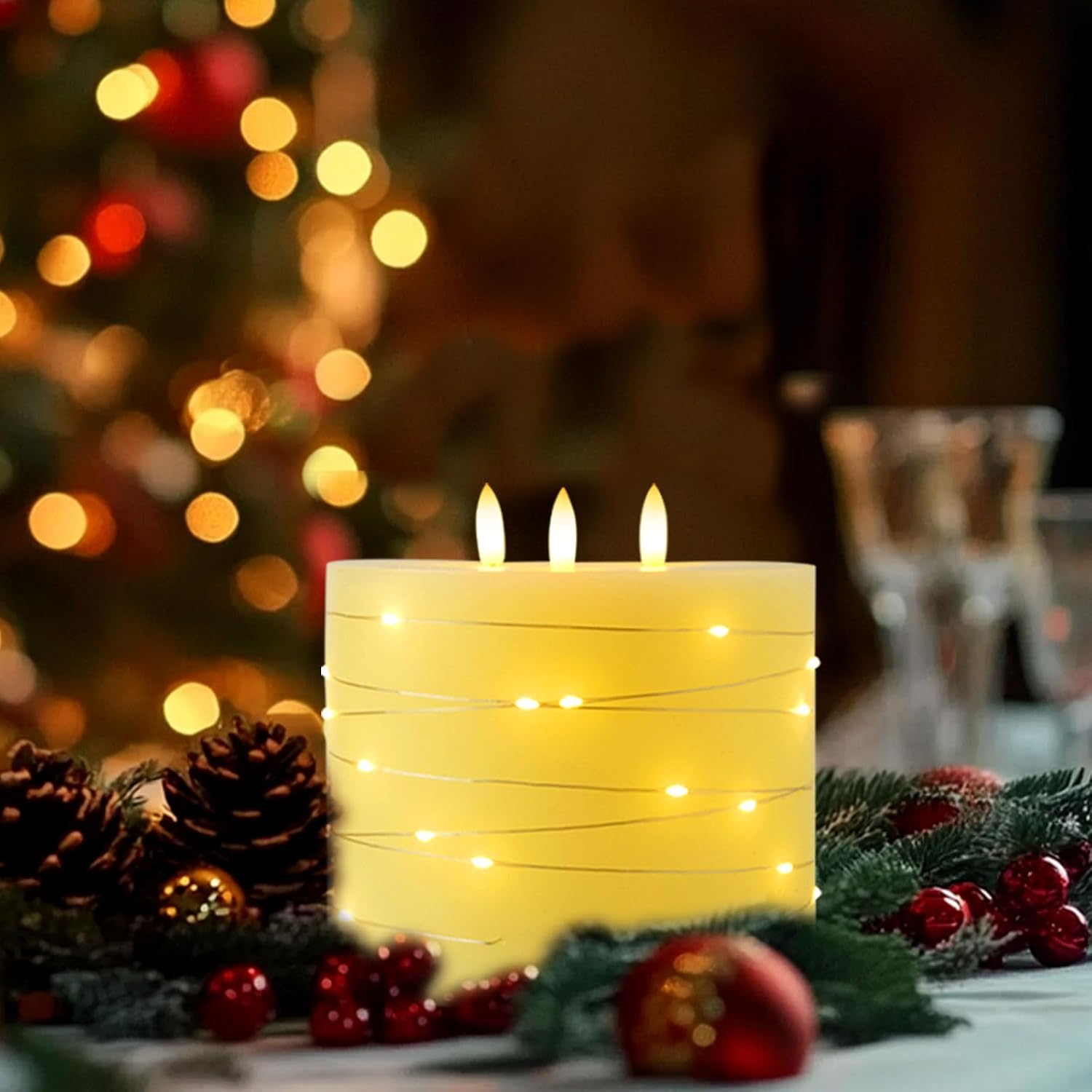 Amagic 3 Wick Extra Large Flameless Candles with Timer Remote, String Light | 6"x6" Real Wax Battery Operated LED