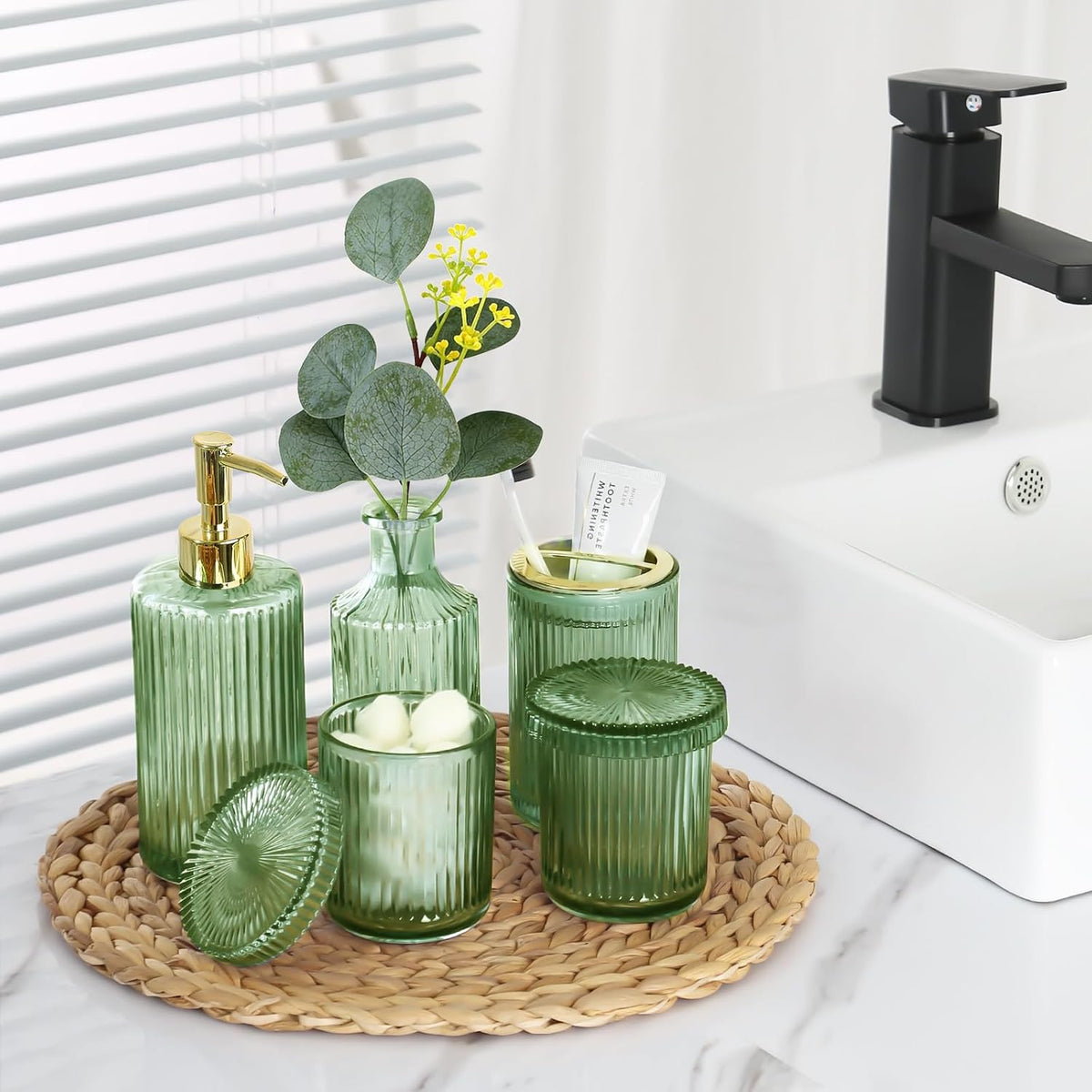 Green Bathroom Accessories 5 Pcs, Glass Bathroom Accessory Set, Vintage Green Bathroom Set, Sage Green Soap Dispenser