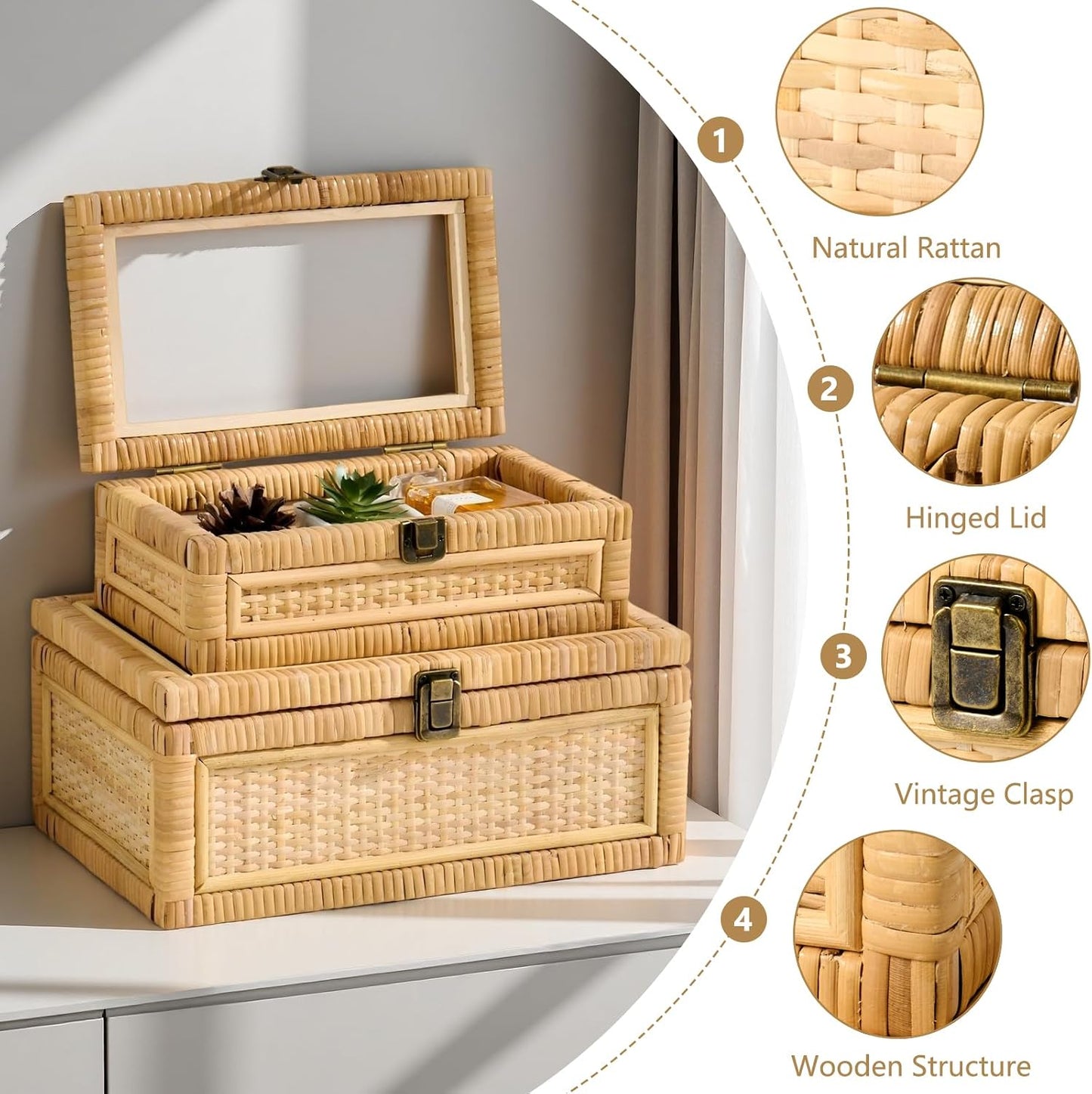 Clear Lid Wooden Frame Decorative Handmade Boho Woven Rattan Wicker Baskets Cane / Large / Natural