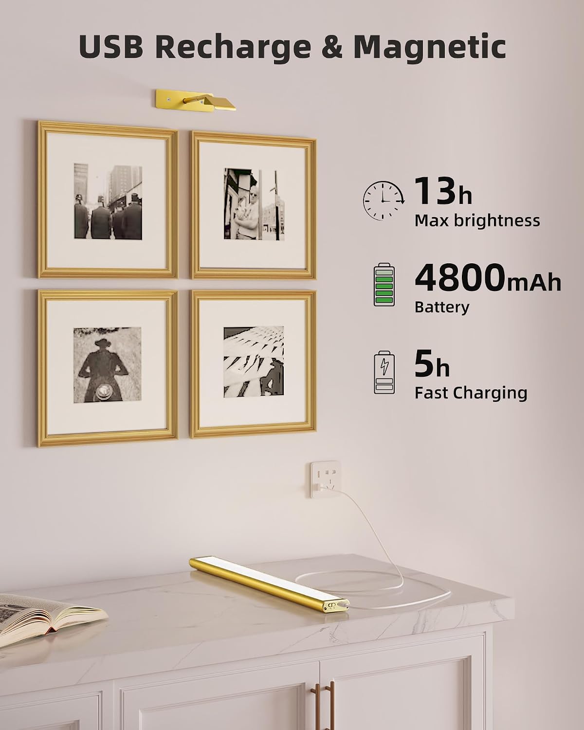 EZVALO Picture Light for Wall, 4800mAh Rechargeable Wireless Remote, 13‘’ Dimmable Magnetic LED Art Display Light with