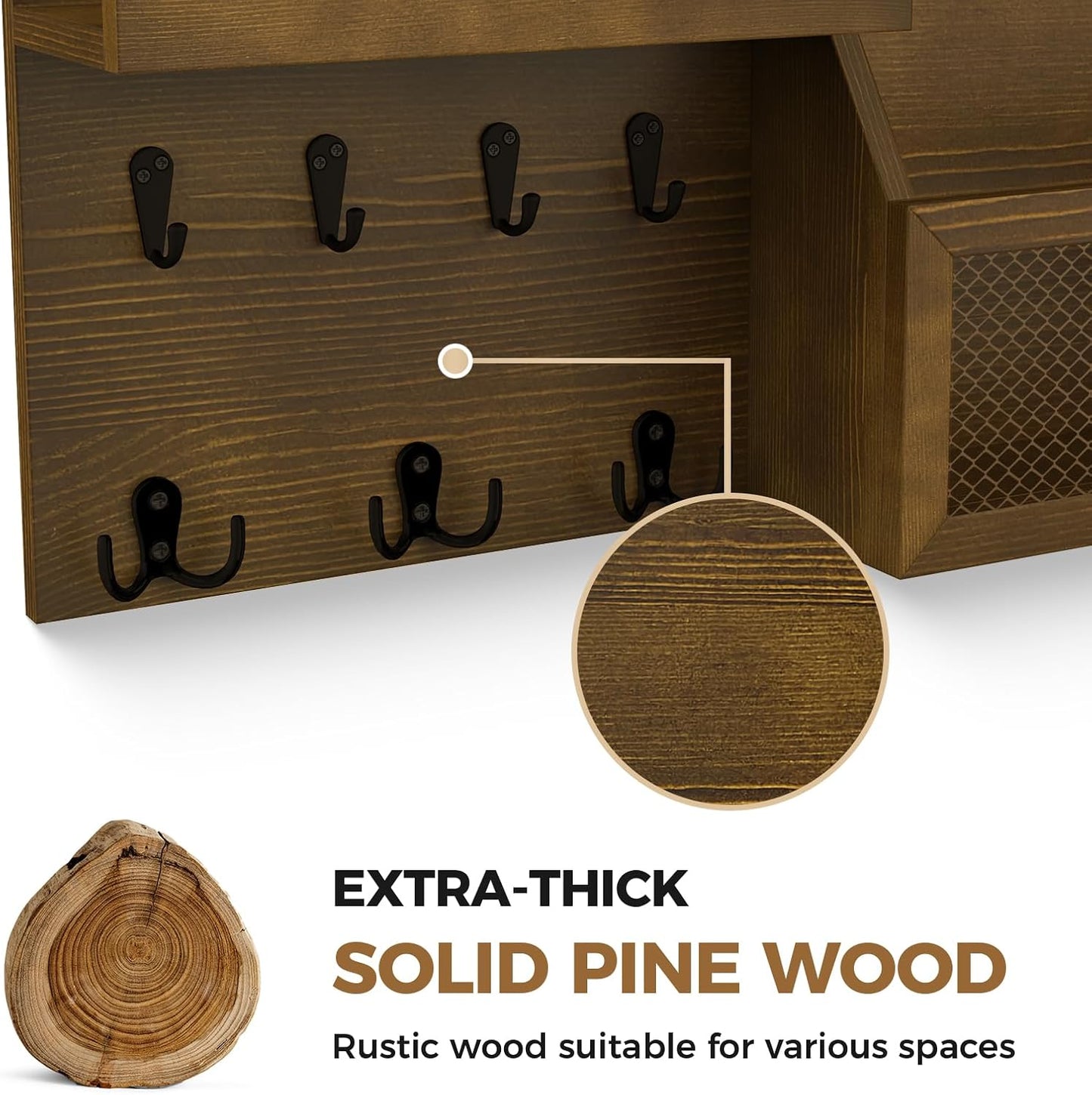Key Holder Wall Mount Pine Wood Mail Organizer Key Rack / Rustic Brown / 16 x 8
