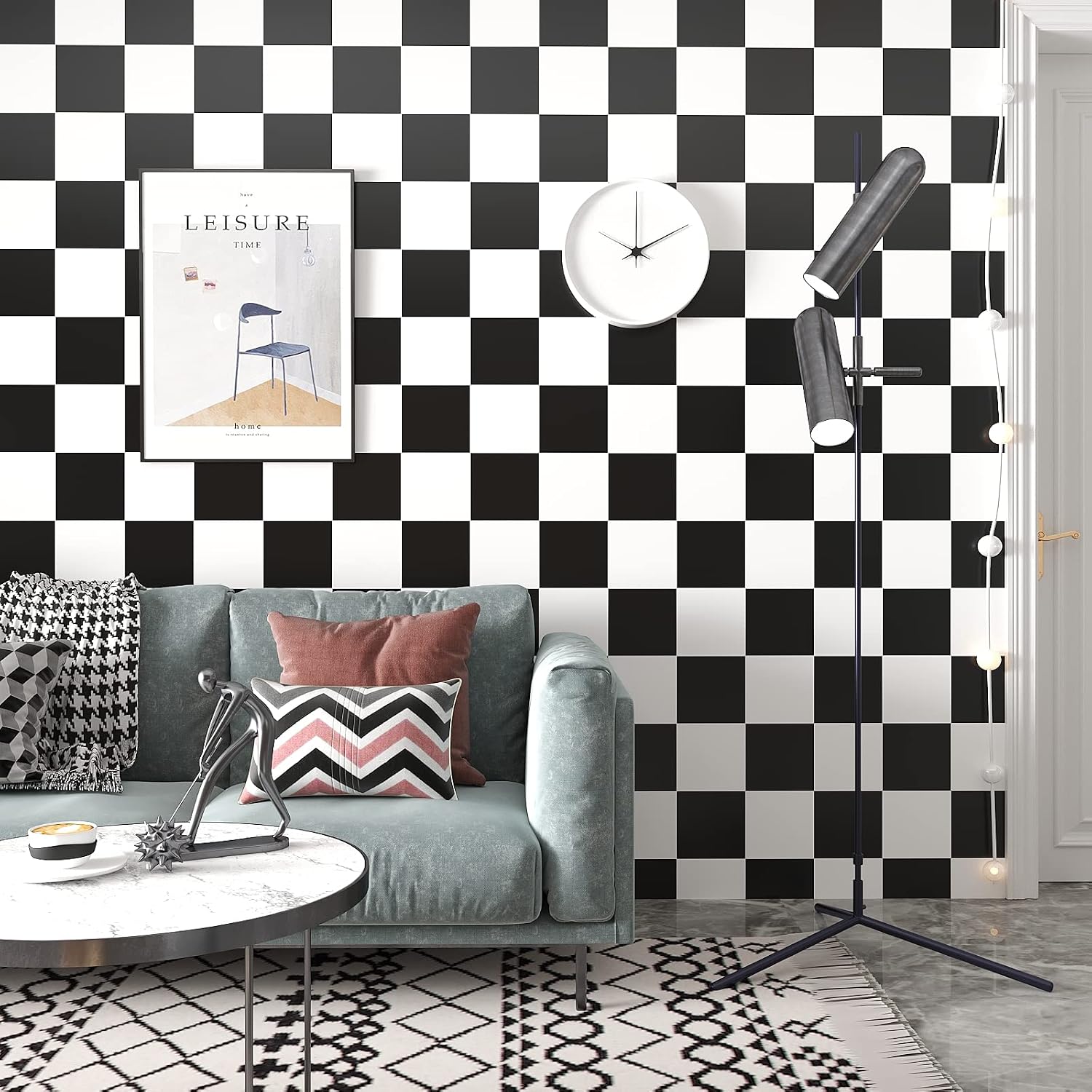 Thick Checkered Wallpaper 32''x118'' and White Peel and Stick Wallpaper Checkered / 32 x 118 / Black