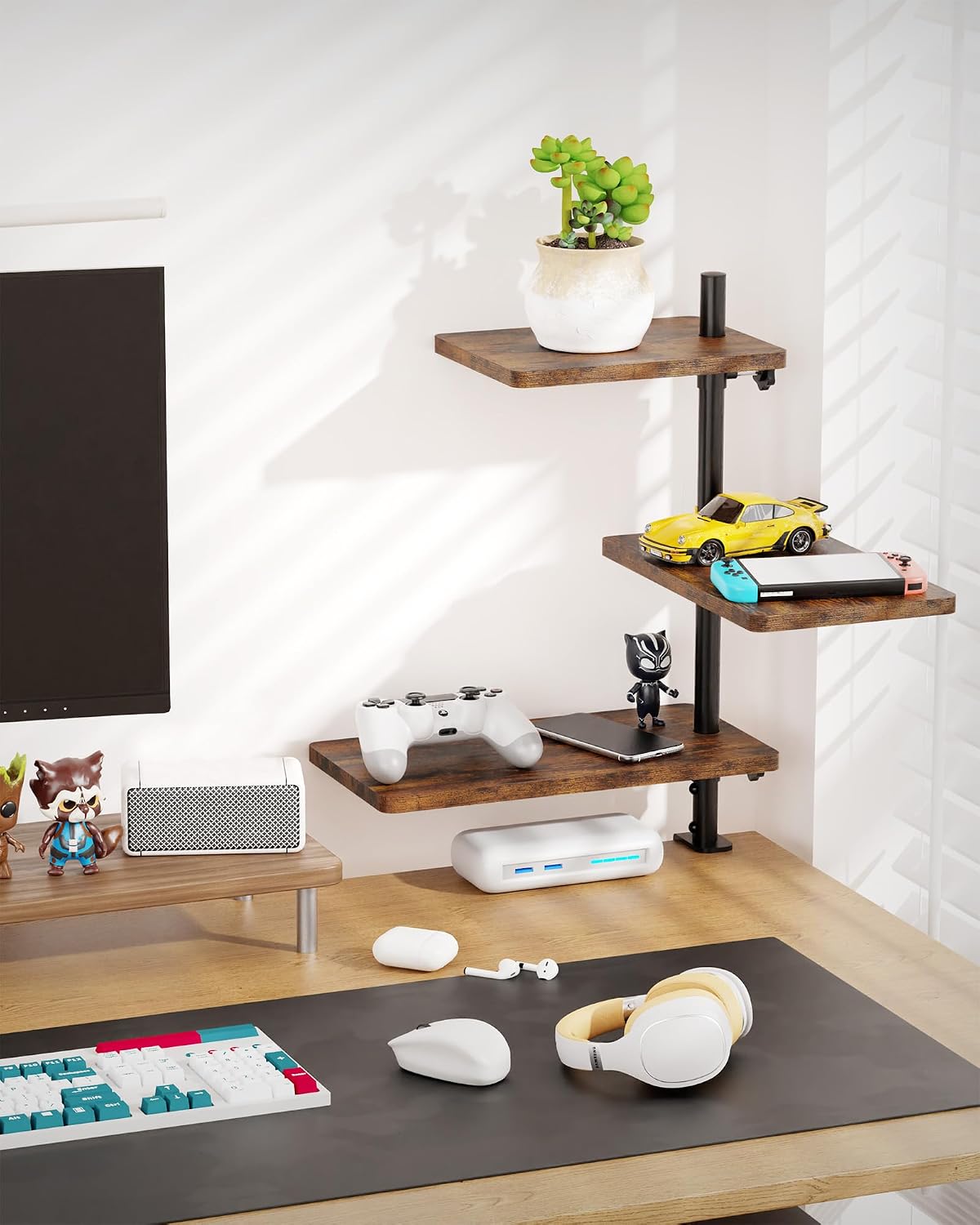 3 Tiers Clamp On Desk Shelf, 360° Angle Adjustable Desktop Shelf Organizer for Home Office Gaming Room, No Drill Desk