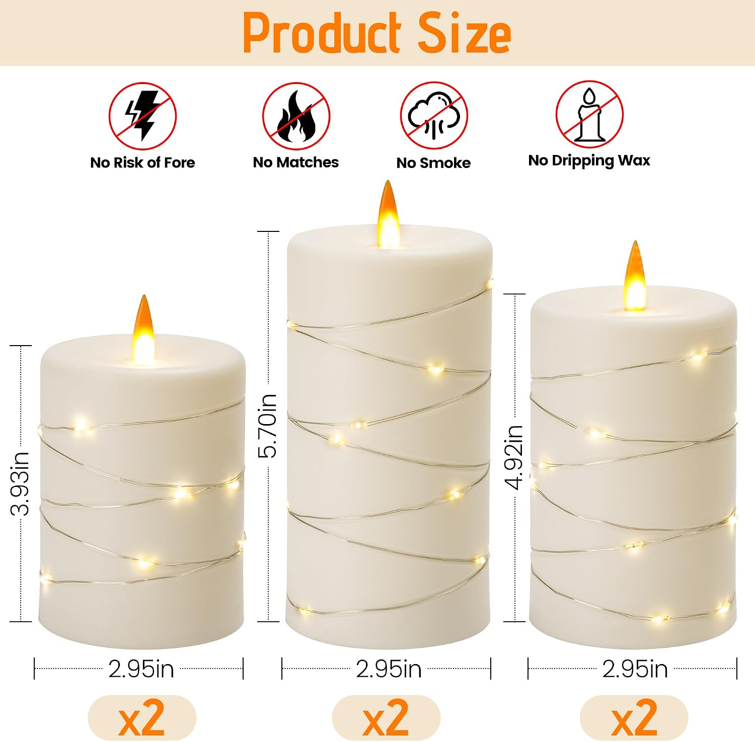 Upinmz 6 Pack Flameless LED Pillar Candles, Battery Operated Flickering Plastic Candles with Remote & Timer, Set for