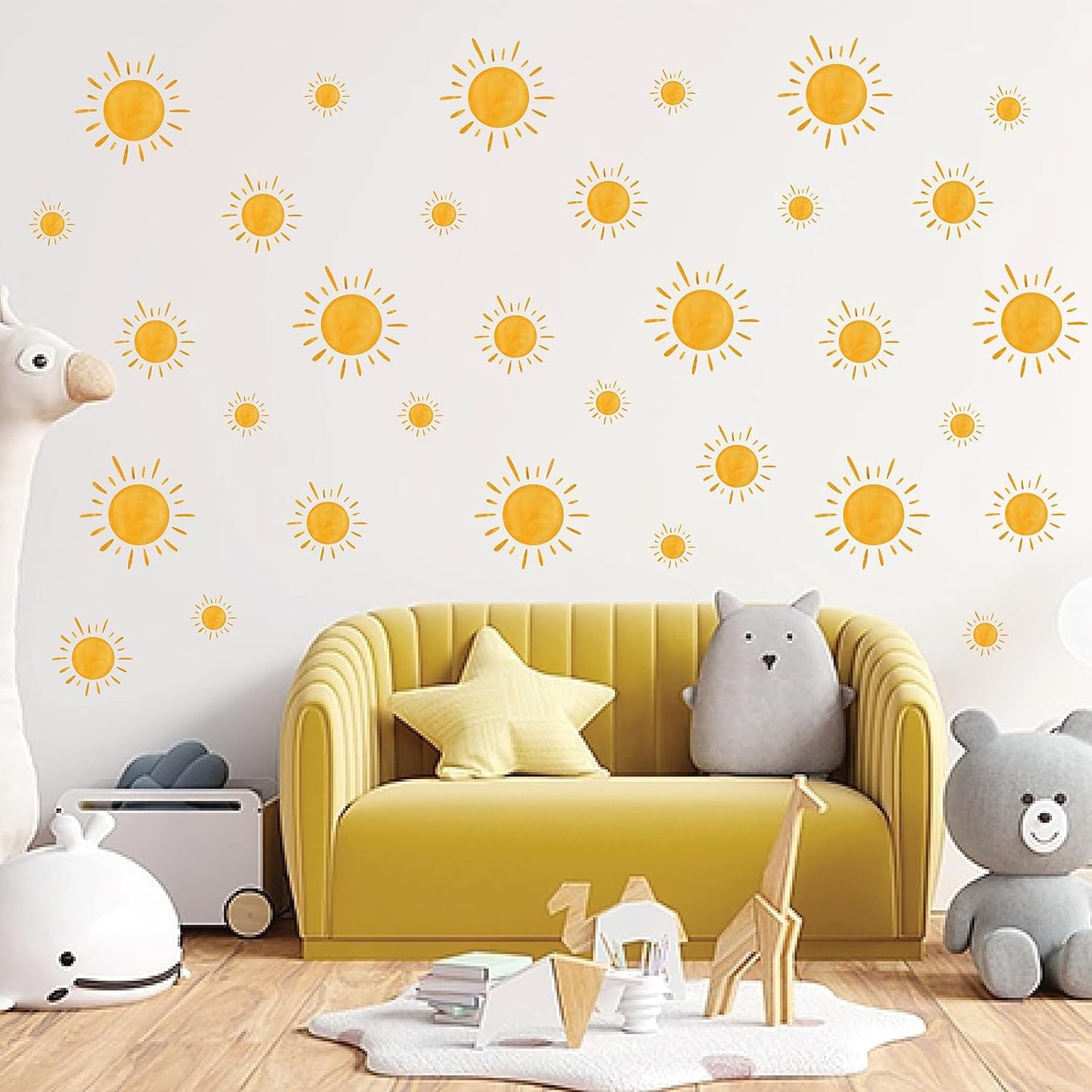 9 Sheet Boho Sun Wall Stickers Watercolor Sun Decals Sunshine Removable Self-Adhesive Wall / Yellow