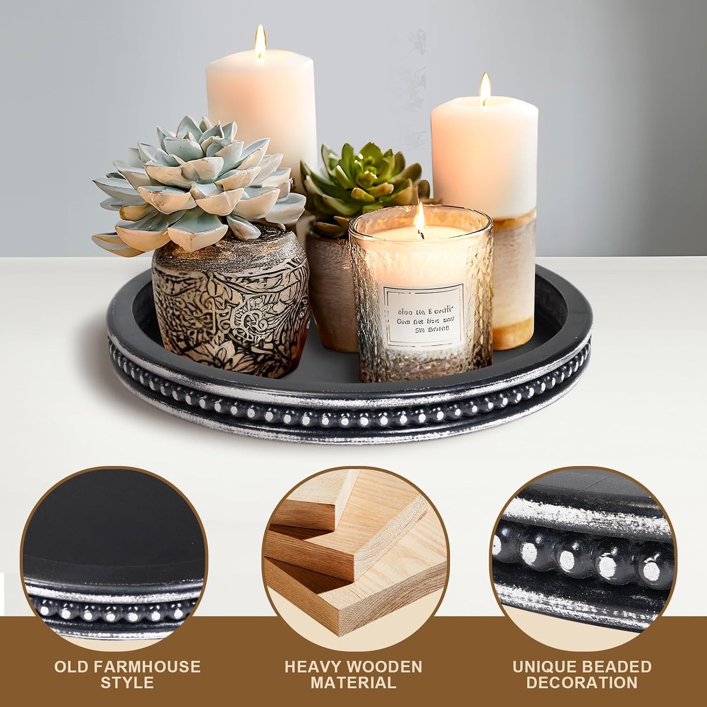 White Farmhouse Bead Round Trays / 11.8 / Washed Black-beaded