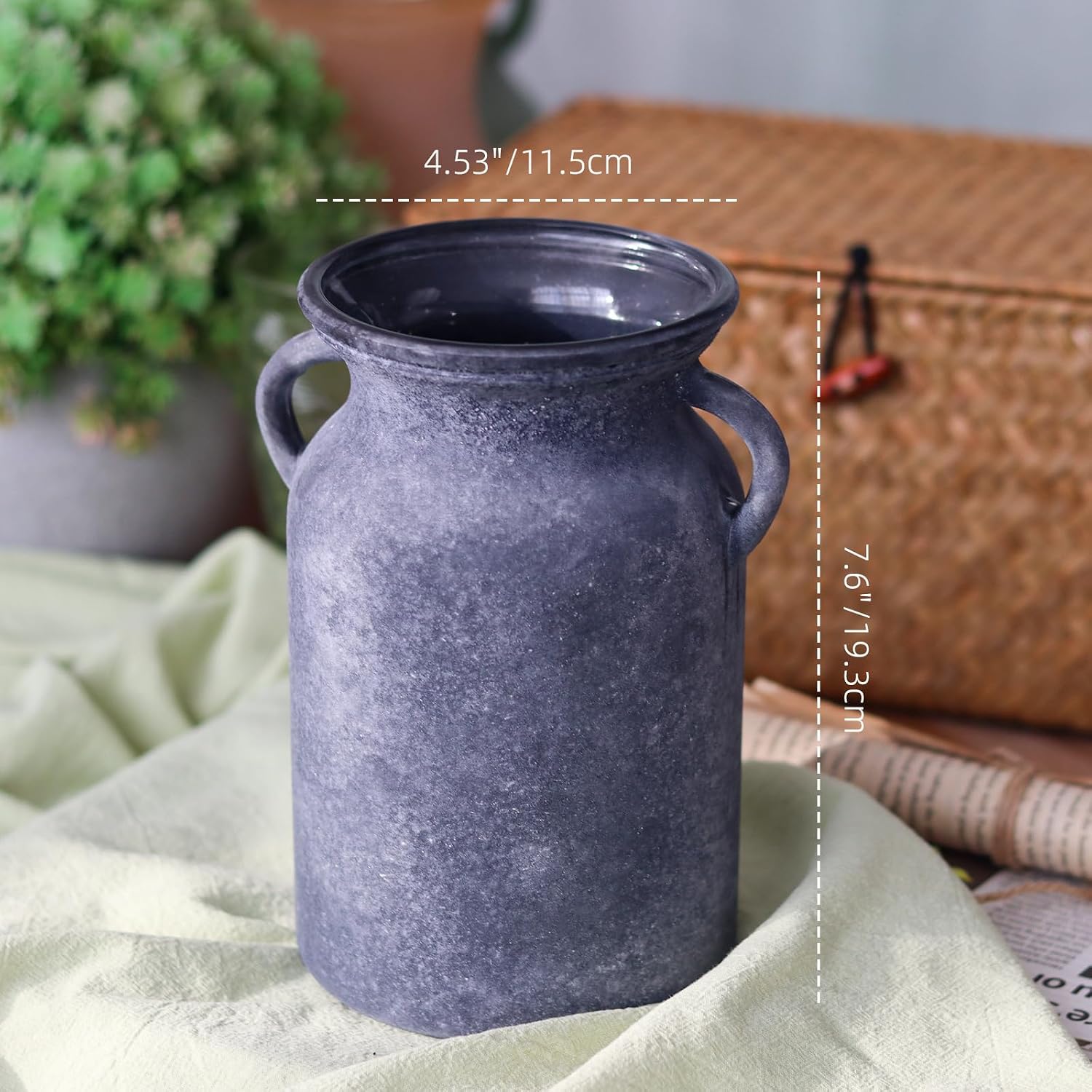 Glass Vase / Rustic Imitation Ceramic Flower Vase / Black / 8 Inch