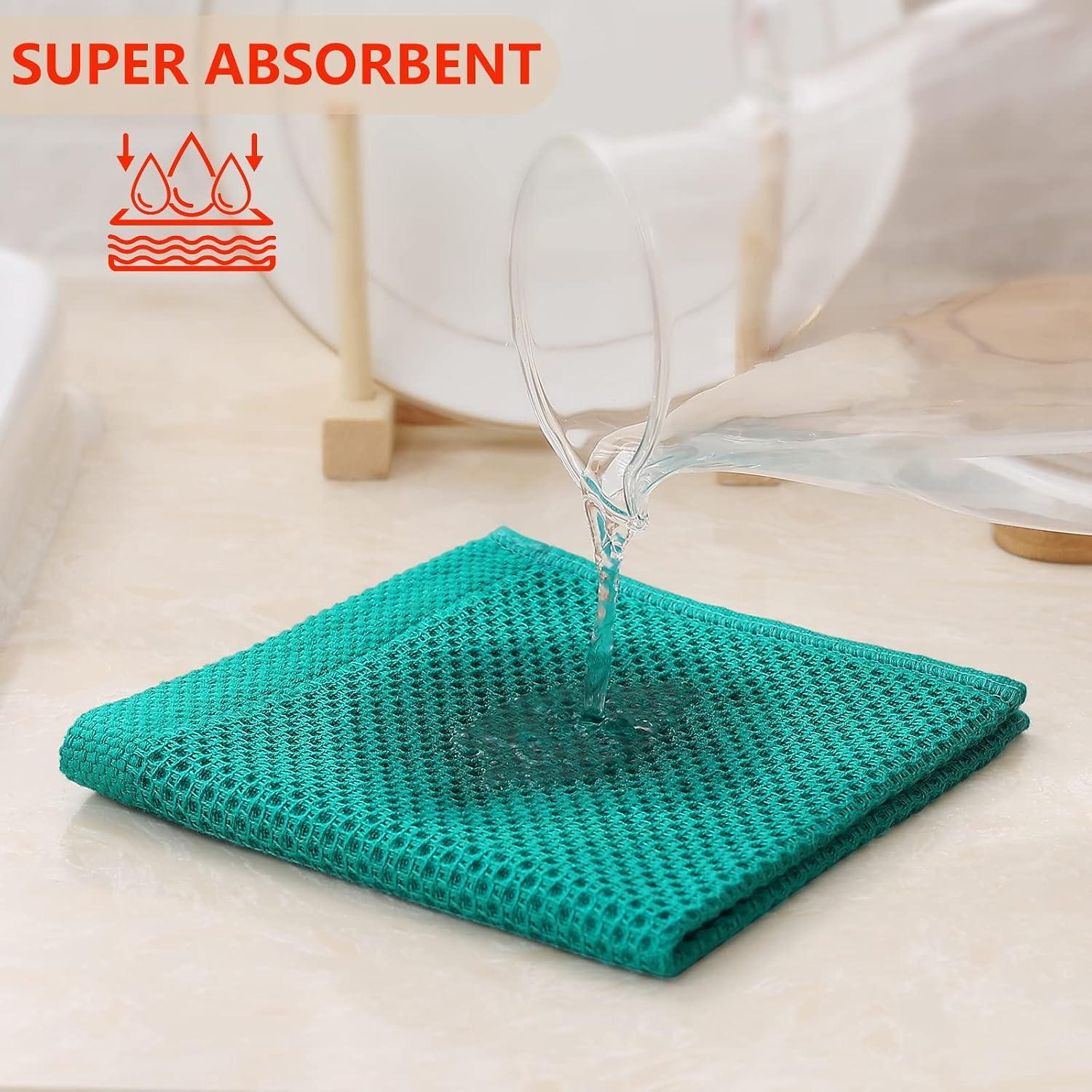Kitinjoy 100% Cotton Waffle 12-Pack Kitchen Towels, 12" x 12", Teal | Ultra Absorbent, Super Soft, lightweight, Quick