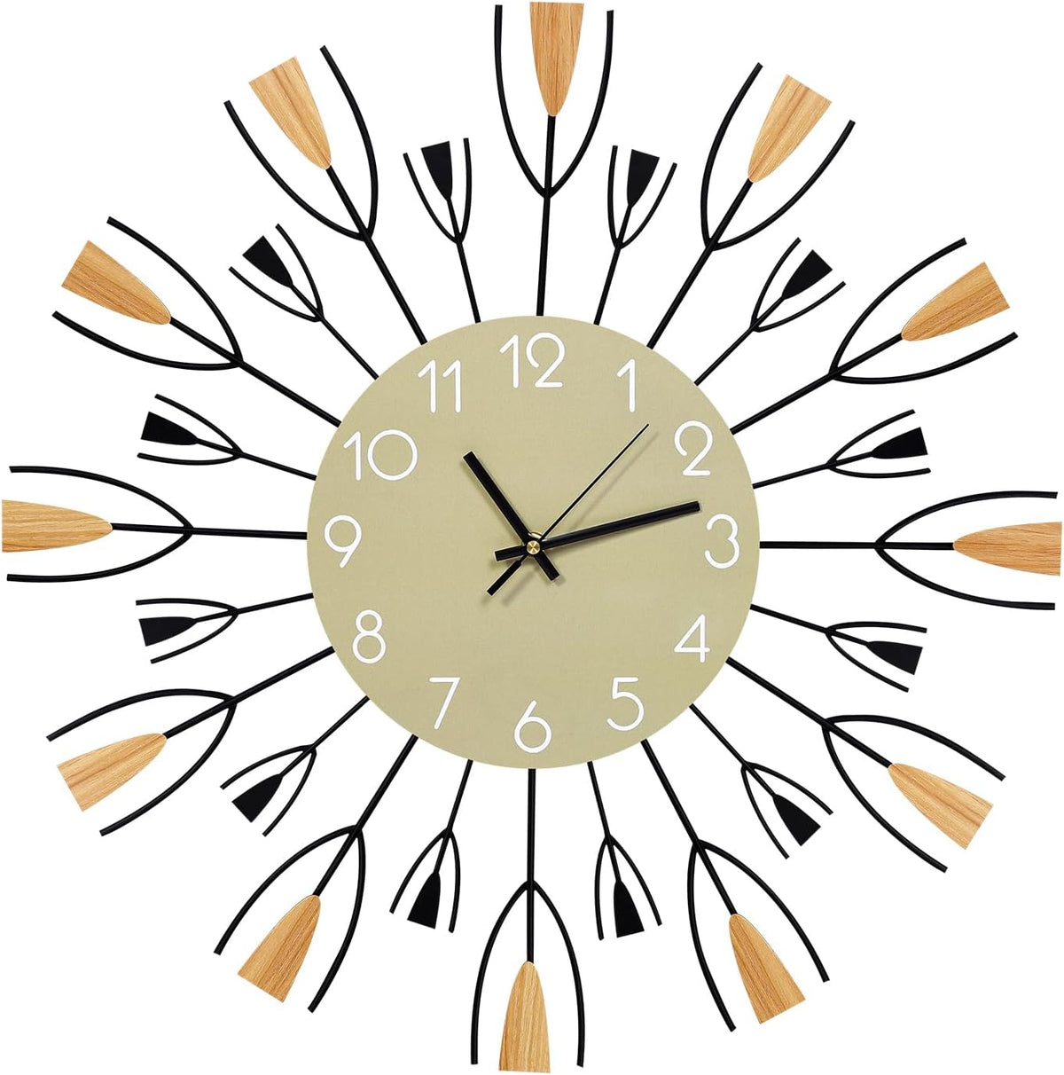 24 Inch Large Modern Mid Century Sunburst Wall Clock | Decorative Silent Non-Ticking Battery Operated Metal Analog