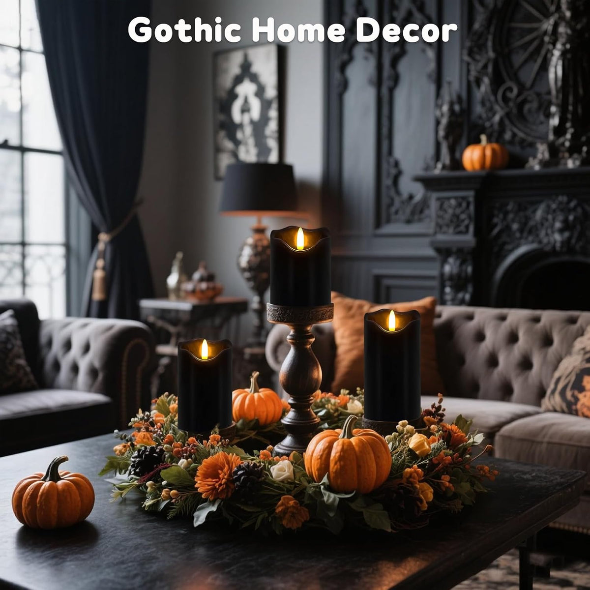 Black Flameless Candles Set of 3, Halloween LED Candles with Remote & Timer | Flickering Real Wax Pillar Candles