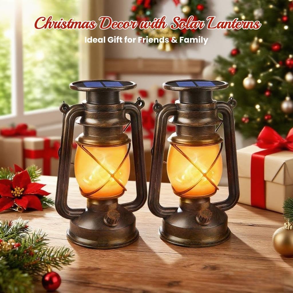 Solar Lanterns Outdoor Waterproof, 2 Pack Bronze Flickering Flame Lights | Vintage LED Hanging Lantern, Outdoor