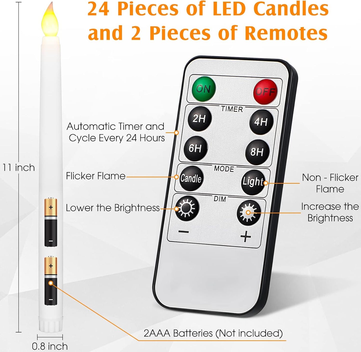 24pcs 11" LED Flameless Taper Battery Candles for Halloween,White