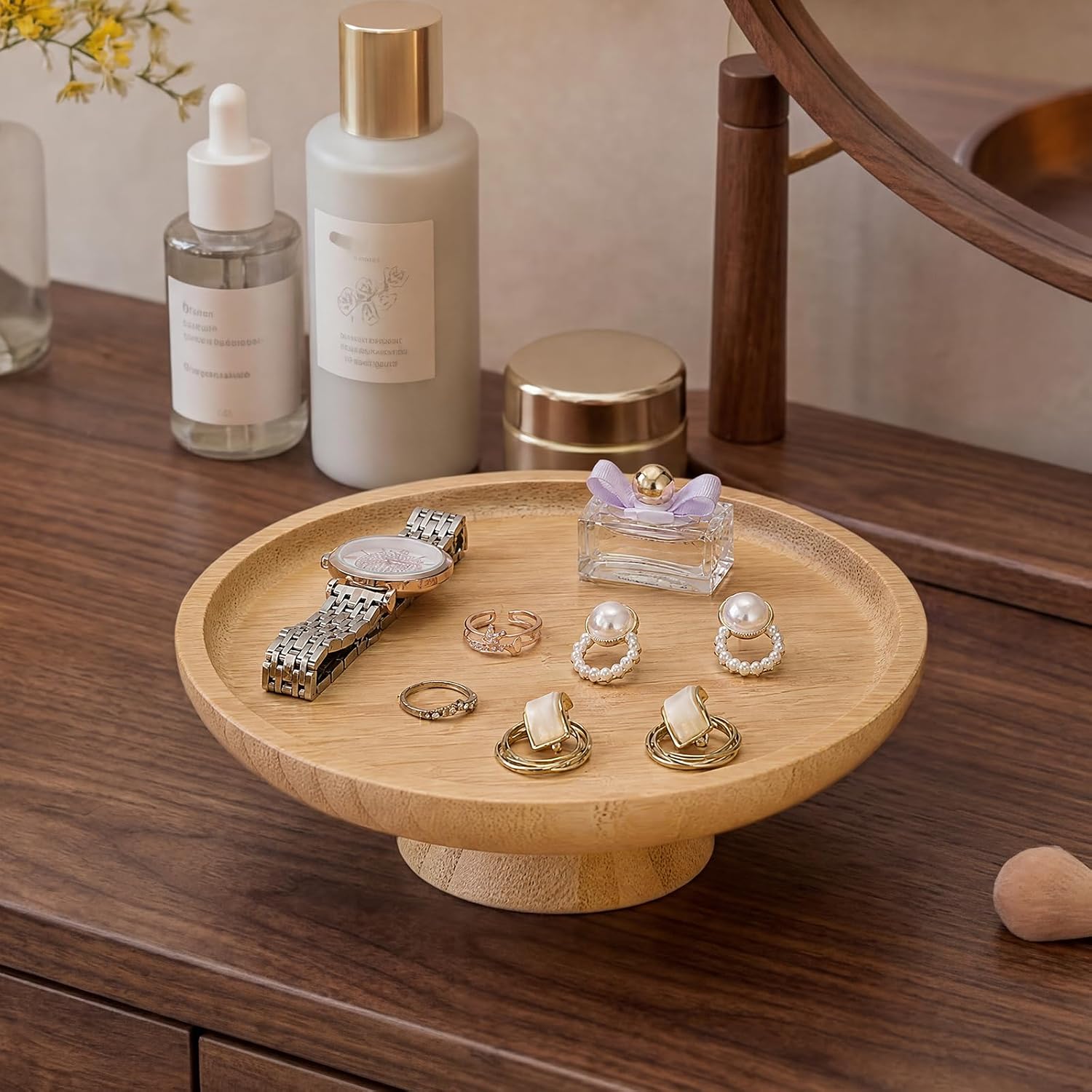 Key Bowl for Entryway Table Wooden Fruit Bowl Small Pedestal Bowls / 7.9 Inches / Natural Color