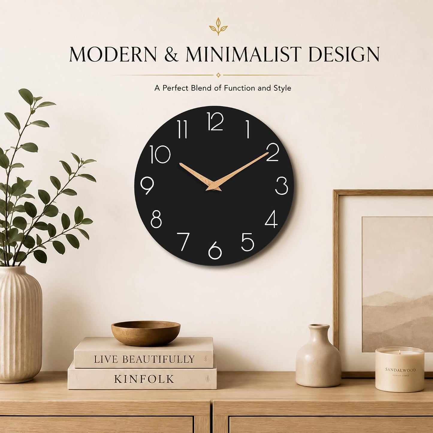 cicininc 12 Inch Battery Operated Wall Clock, Silent Analog, Black | Kitchen | Office | Bedroom | Modern Style