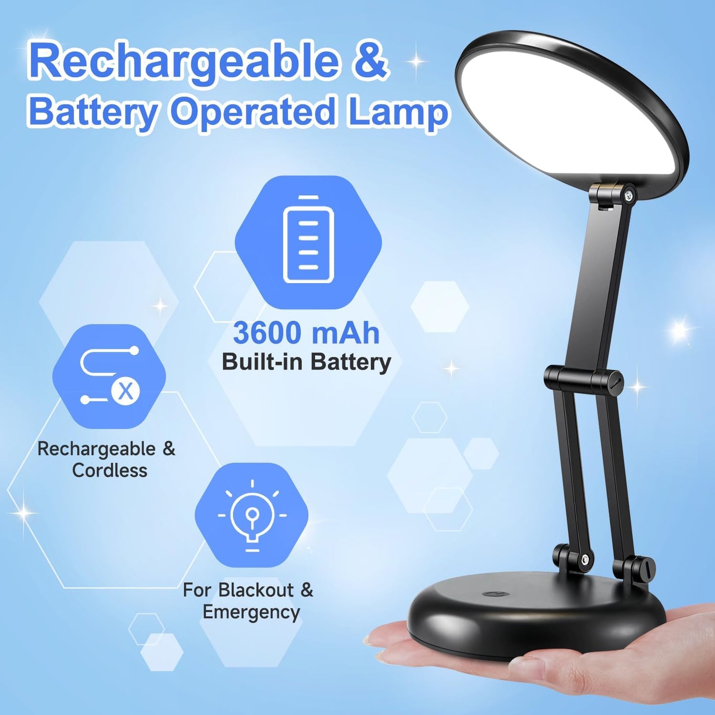 Desk Lamps for Home Office Rechargeable 3600mAh, Foldable+Portable Cordless Desk Light Small Table Lamp,Dimmable+9