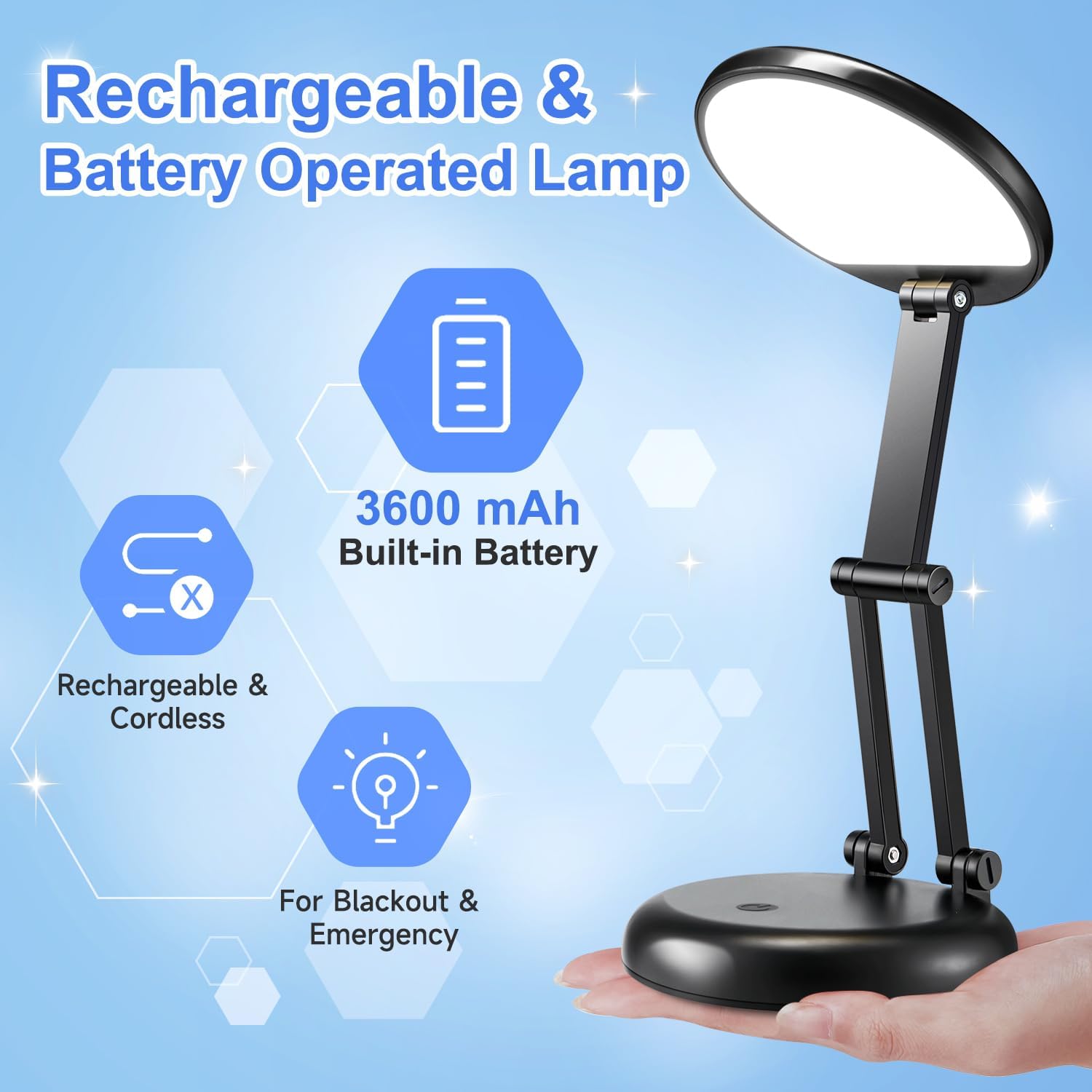 Desk Lamps for Home Office Rechargeable 3600mAh, Foldable+Portable Cordless Desk Light Small Table Lamp,Dimmable+9