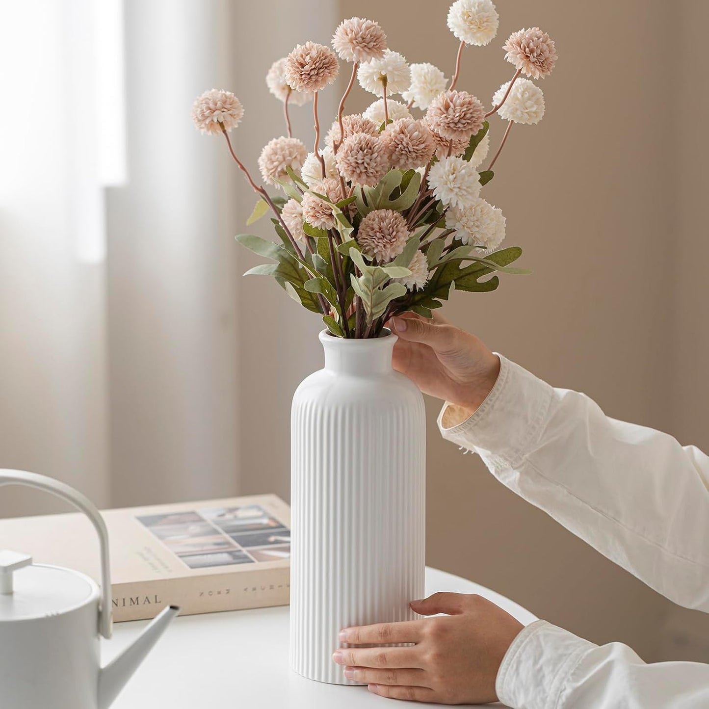 Modern Textured Decorative Vase / Matte Glaze White / 10 Inch