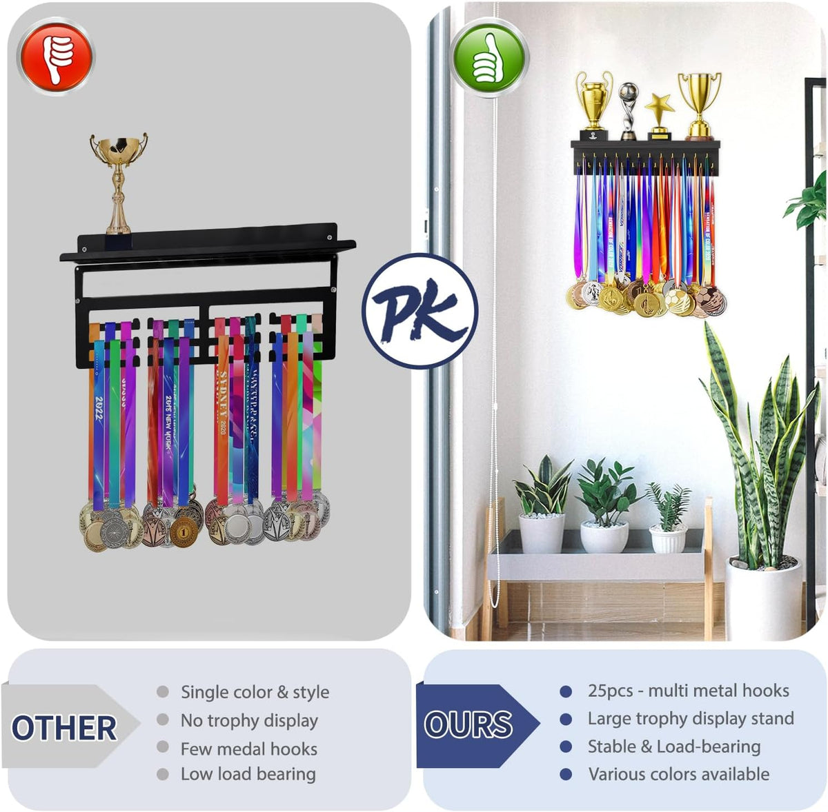 Medal Holder Display Trophy Shelf Organizer, Sturdy Wooden Race Award Hanger Rack with 25 Steel Hooks, Wall Mount