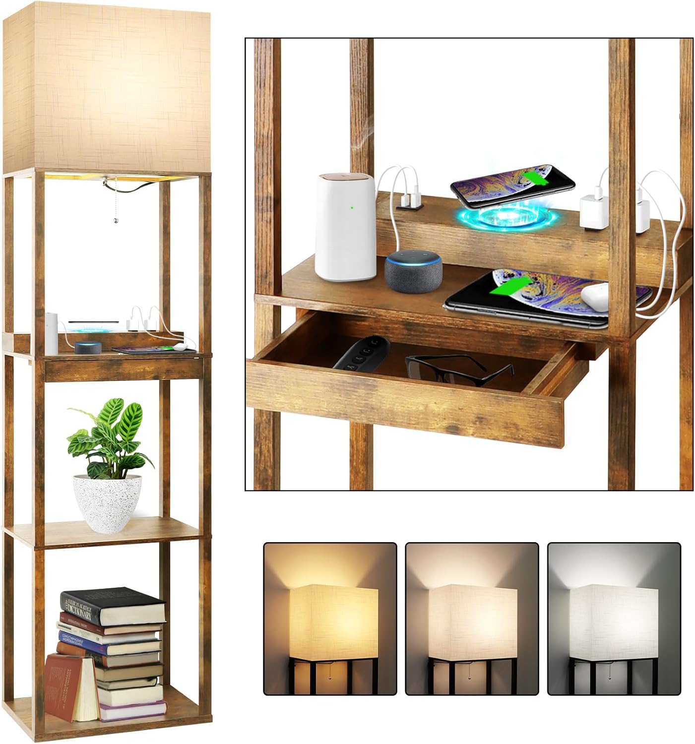 RUNTOP Floor Lamp with Shelves, Plus Shelf Lamp with Wireless Charger, 2 USB Port and Outlet, 1 Drawer, 15W LED Bulb, 3