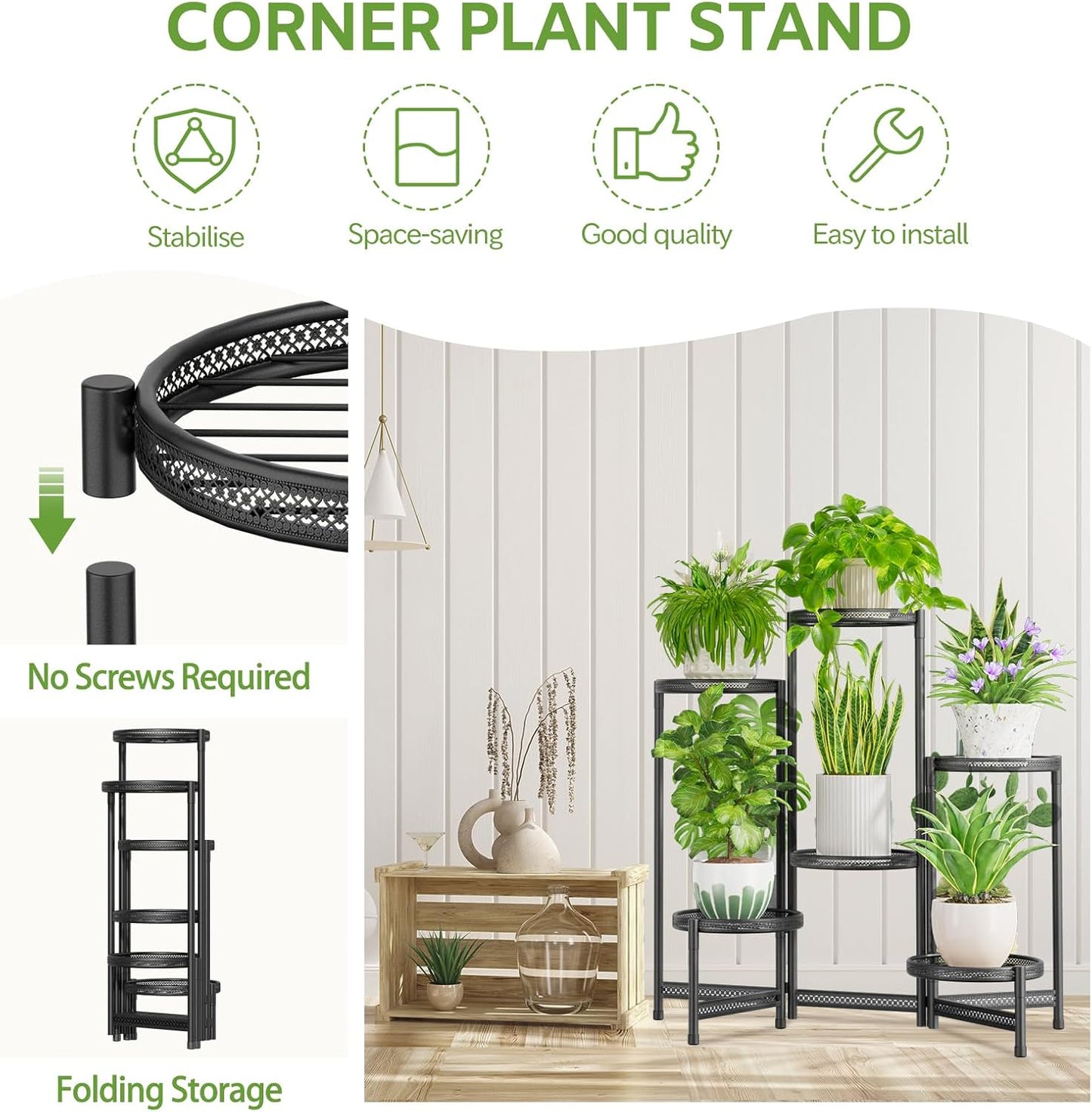iDavosic.ly 6 Tier Large Plant Stand Indoor Outdoor, 10 In Tray, Iron Black | Tiered Metal Corner Heavy Duty Multiple