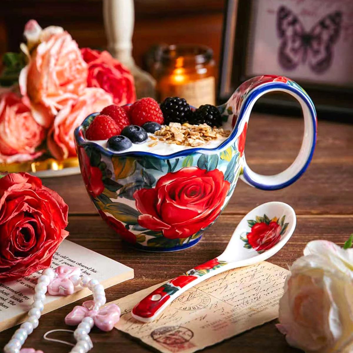 Ceramic Soup Bowl / Rose Flowers - Hand Painted Loop Handle Soup Bowl with Spoon
