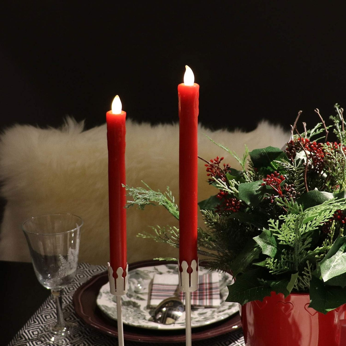 Rhytsing Red 10" Flameless Taper Candles with Timer, Battery Operated Candles, Push-Activated, Wax Drip, Warm White
