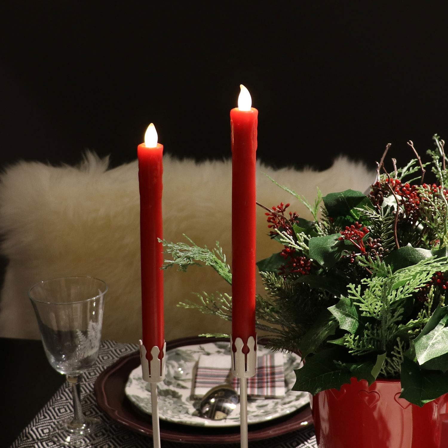 Rhytsing Red 10" Flameless Taper Candles with Timer, Battery Operated Candles, Push-Activated, Wax Drip, Warm White