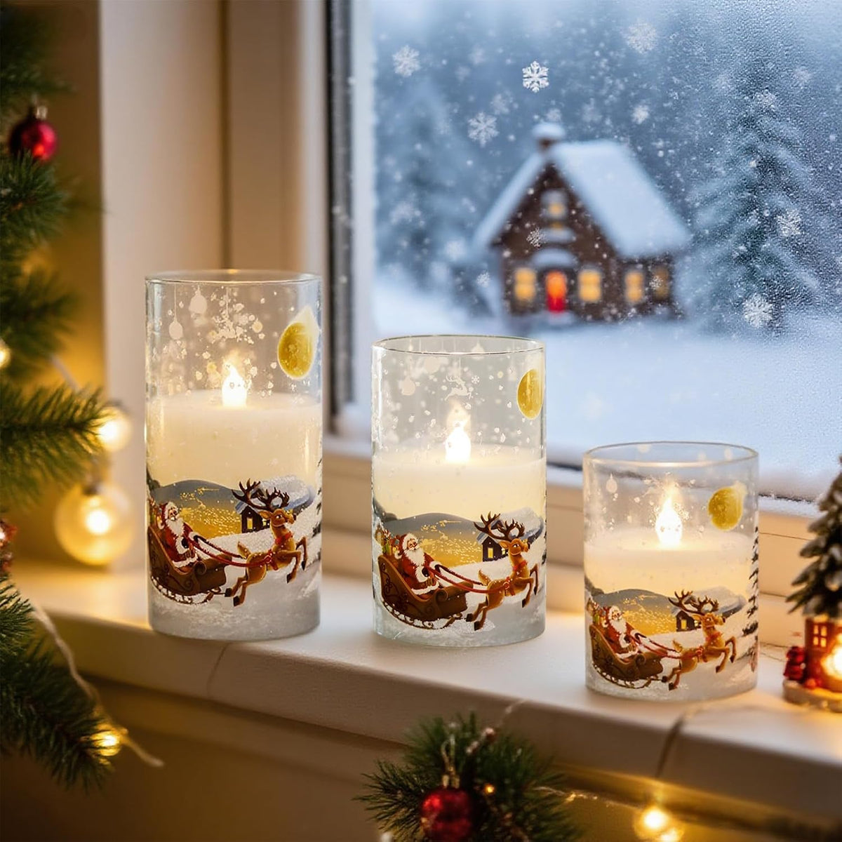 Santa Claus Glass Flameless Candles Rechargeable Battery Operated | Remote and Timer LED Pillar Candles Flickering