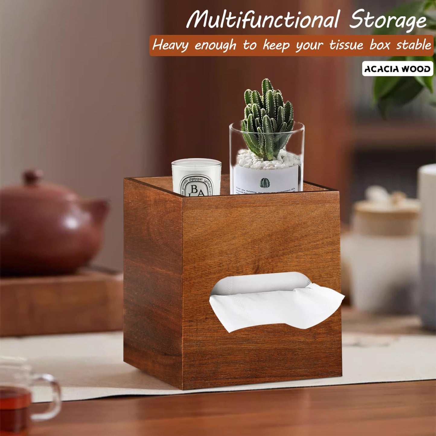 Acacia Wood Tissue Box Holder for Desktop Nightstand Bathroom / Brown