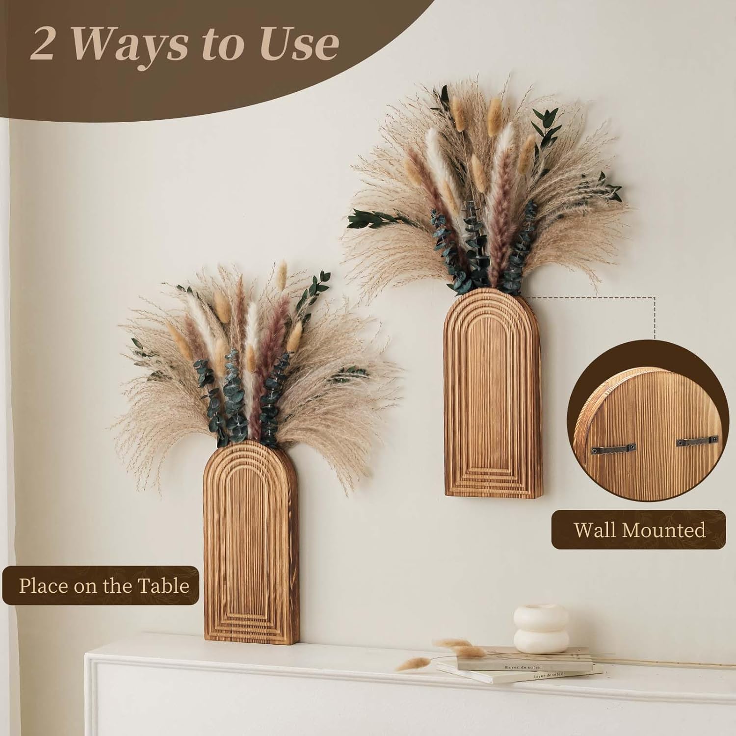 Wooden Wall Vase Set / Brown with Dry Flowers / Set of 2
