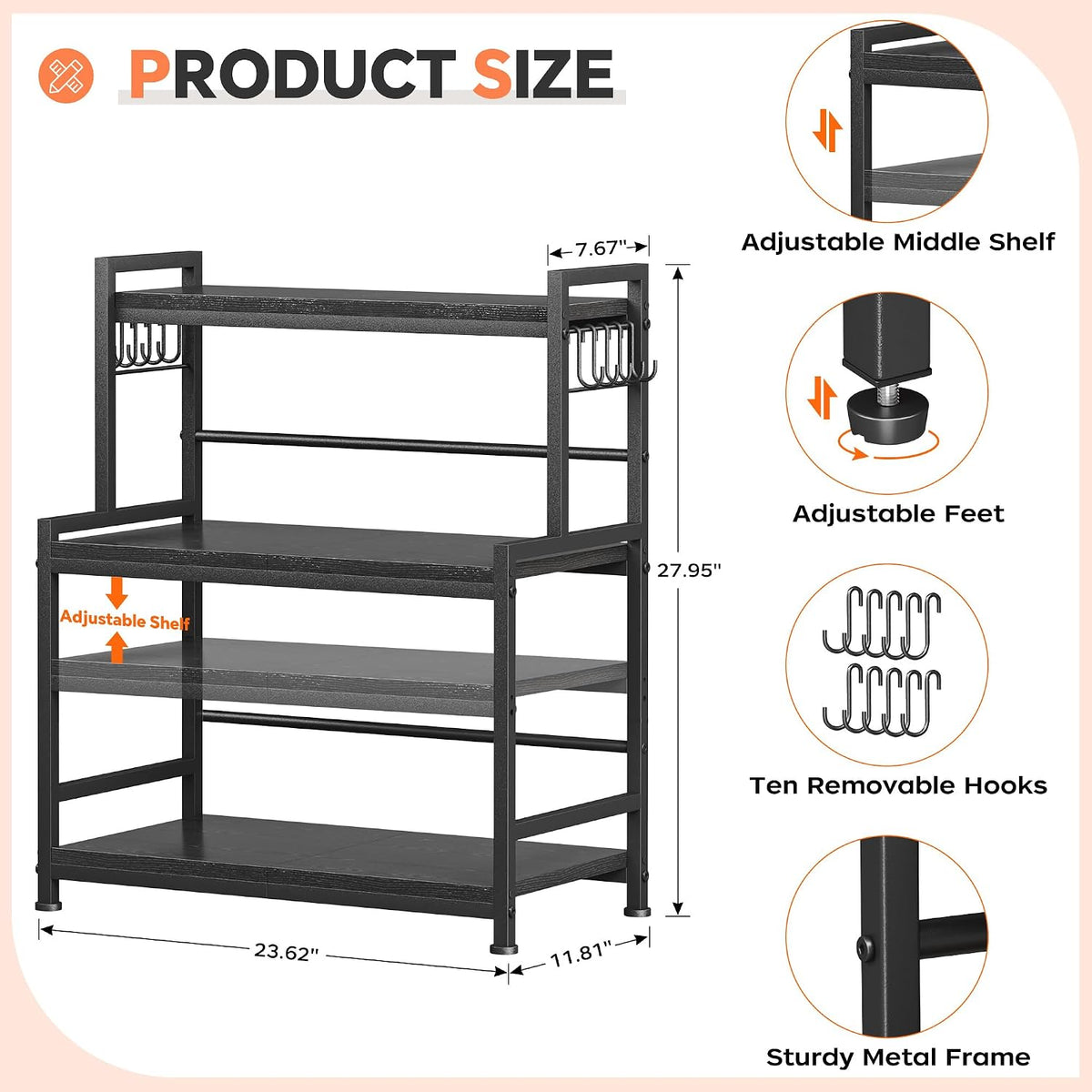 23.6"W Large Kitchen Countertop Organizer, 3 Tier Spice Rack Organizer with Adjustable Shelf and 10 Hooks, Wooden