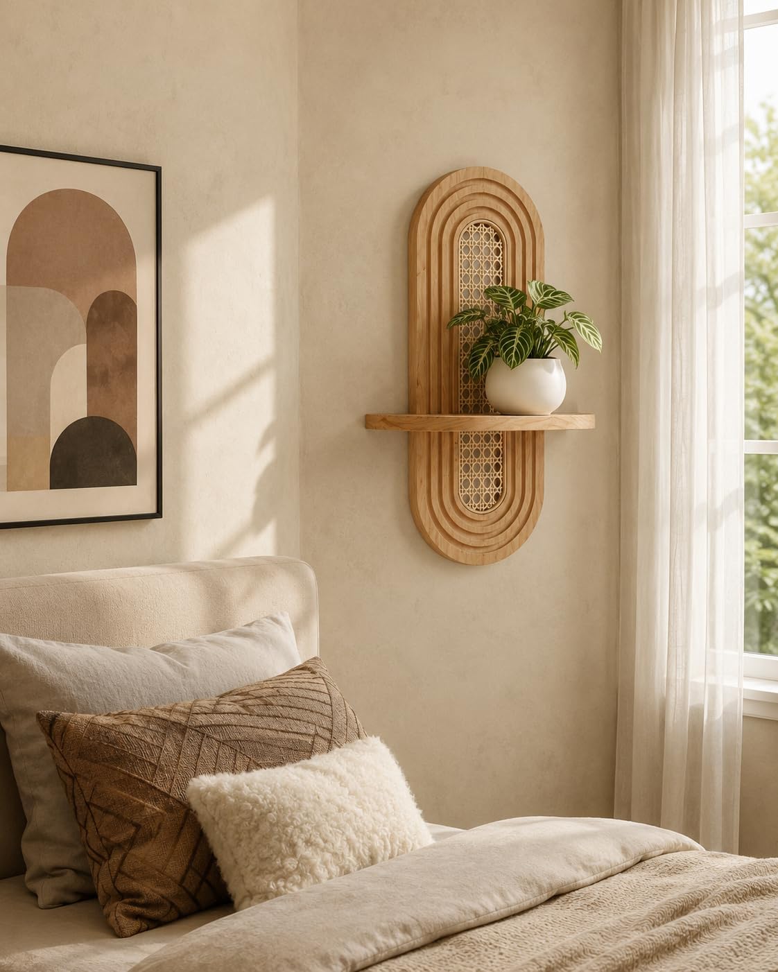 Boho rattan floating shelf displays plants / Wood Color