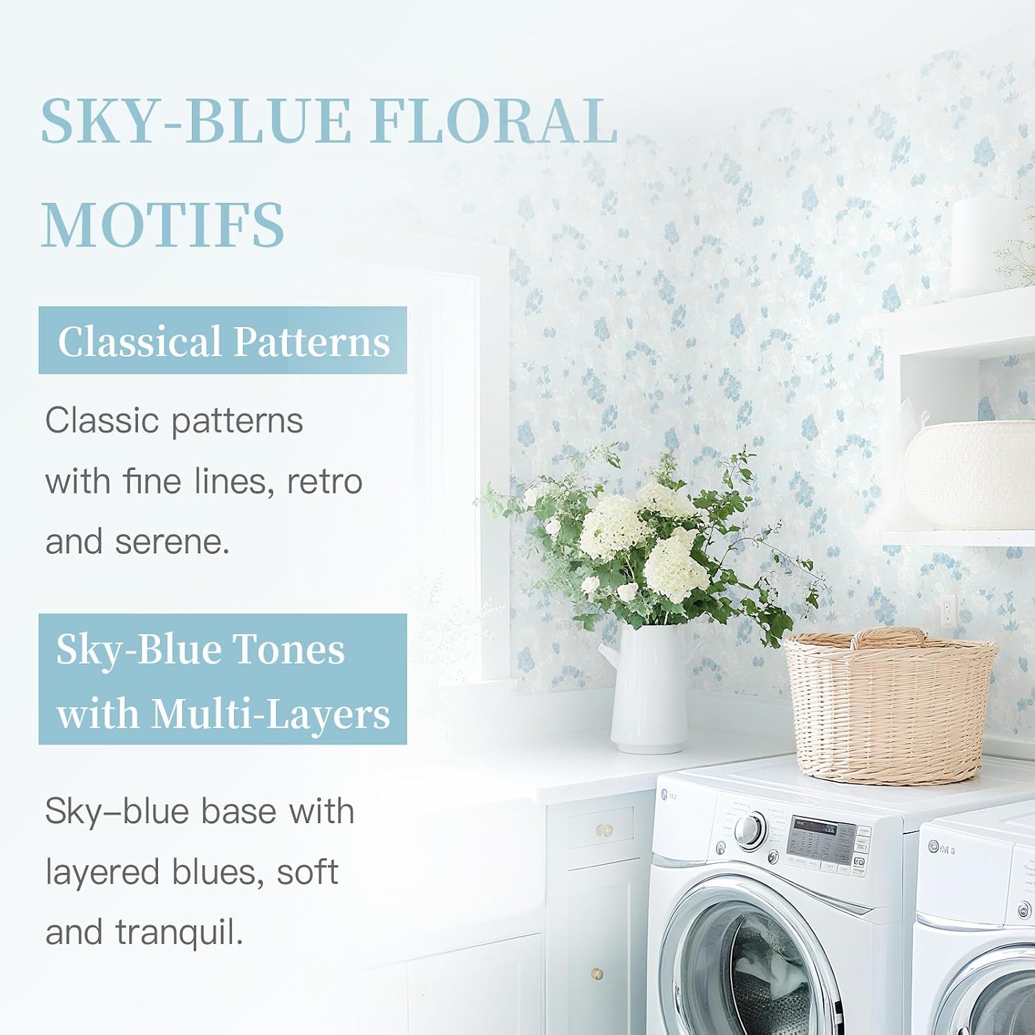 Wallpaper Floral Contact Paper Peel and Stick Wallpaper White Vintage French / 17.3 x 362 / Blue