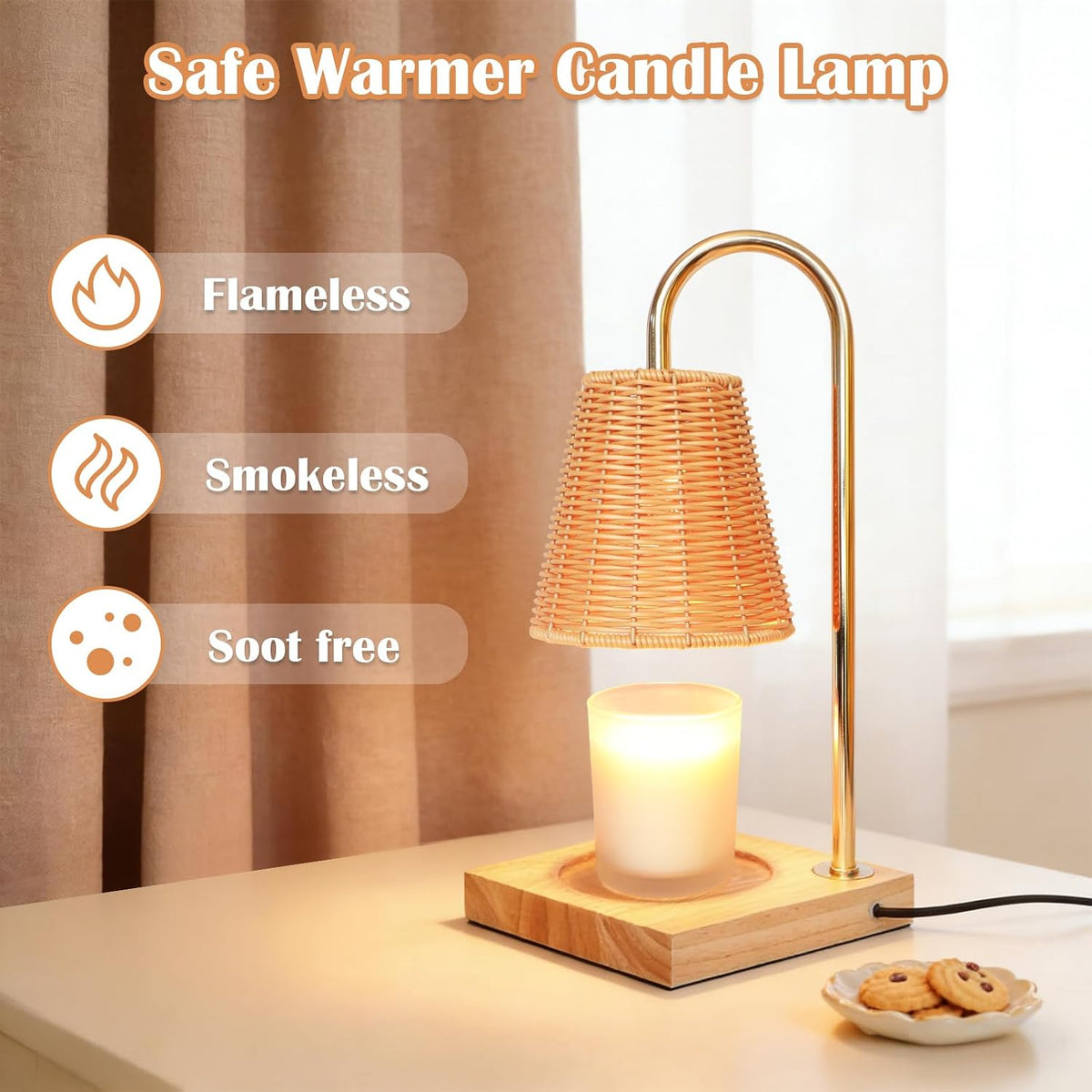 Candle Warmer Lamp with Timer Dimmable Boho Rattan Lampshade Natural Weaving Wax Warmer for Jar Candles Mothers Day