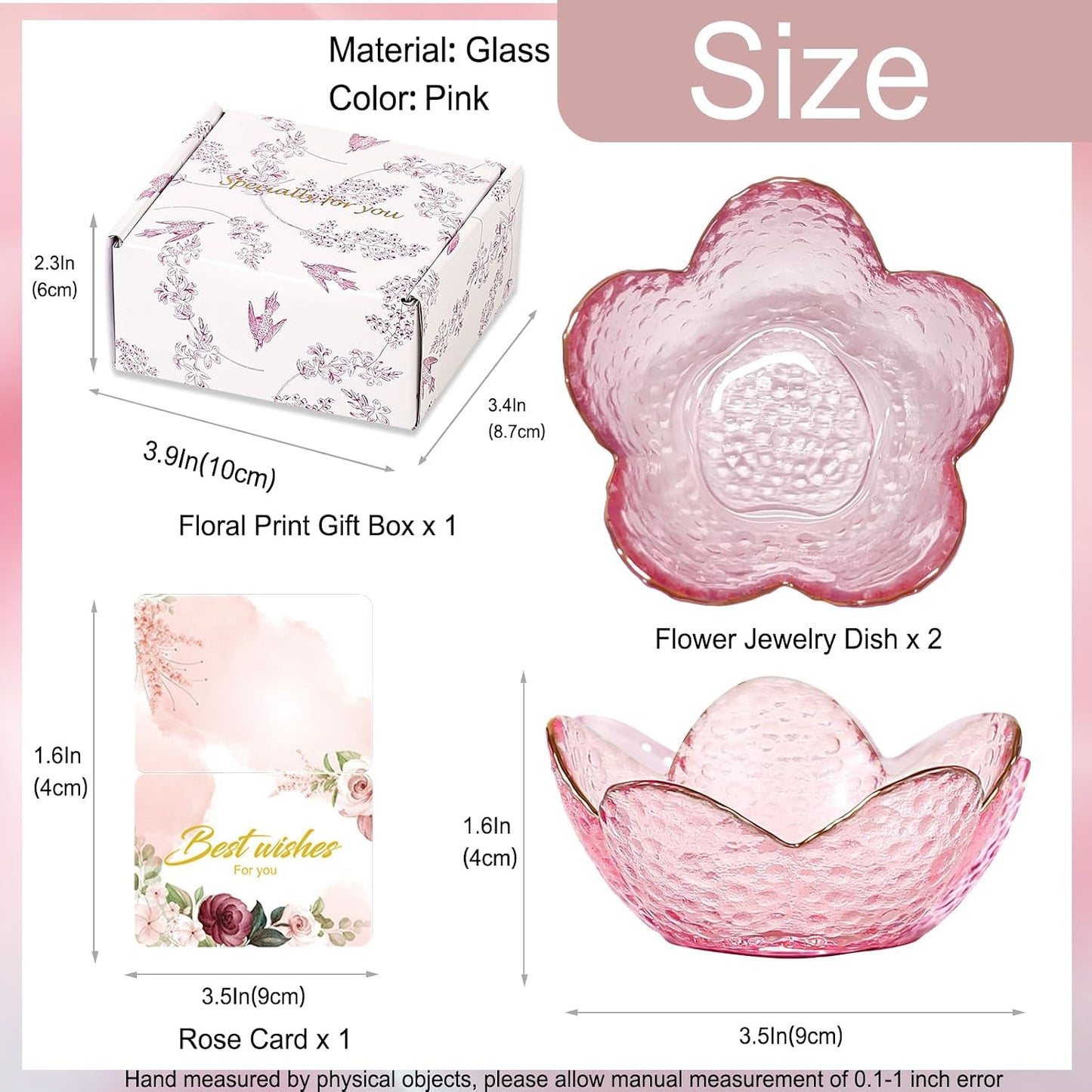 Gifts for Women Trinket Dish Flower Jewelry Dish Pink Glass Ring / Golden-edged Pink / Set of 2